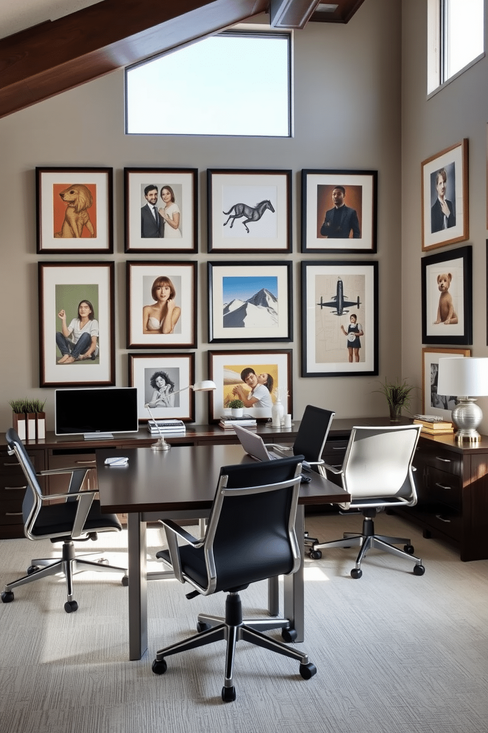 A stylish home office featuring personalized artwork on the shared walls, creating a cohesive and inspiring atmosphere. The space includes two distinct workstations, each tailored to individual preferences, with ergonomic chairs, sleek desks, and ample storage solutions. His workspace is adorned with dark wood accents and a contemporary color palette, while Hers showcases lighter tones and decorative elements that reflect her personality. Both areas are illuminated by natural light from large windows, enhancing productivity and creativity.