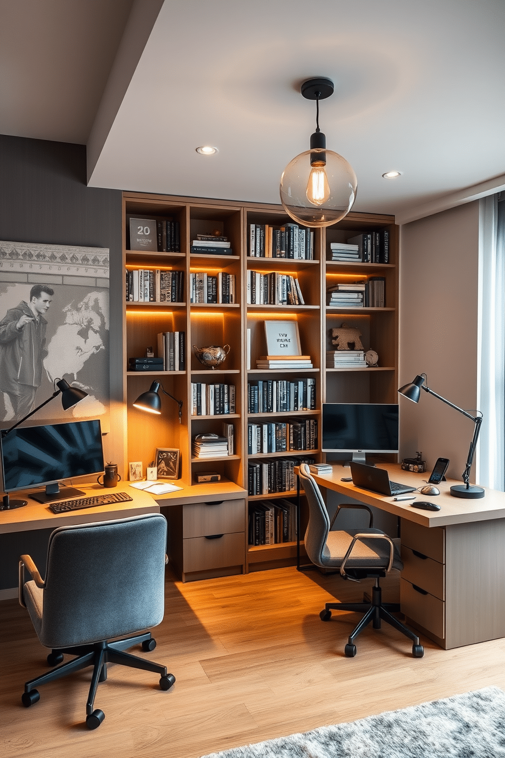 A stunning home office space designed for productivity and comfort. The room features two distinct workstations, each with its own unique style, separated by a sleek bookshelf filled with books and decorative items. Creative lighting plays a crucial role in enhancing the mood of the space. A combination of pendant lights and adjustable desk lamps provides both functionality and ambiance, creating an inspiring atmosphere for work and creativity.