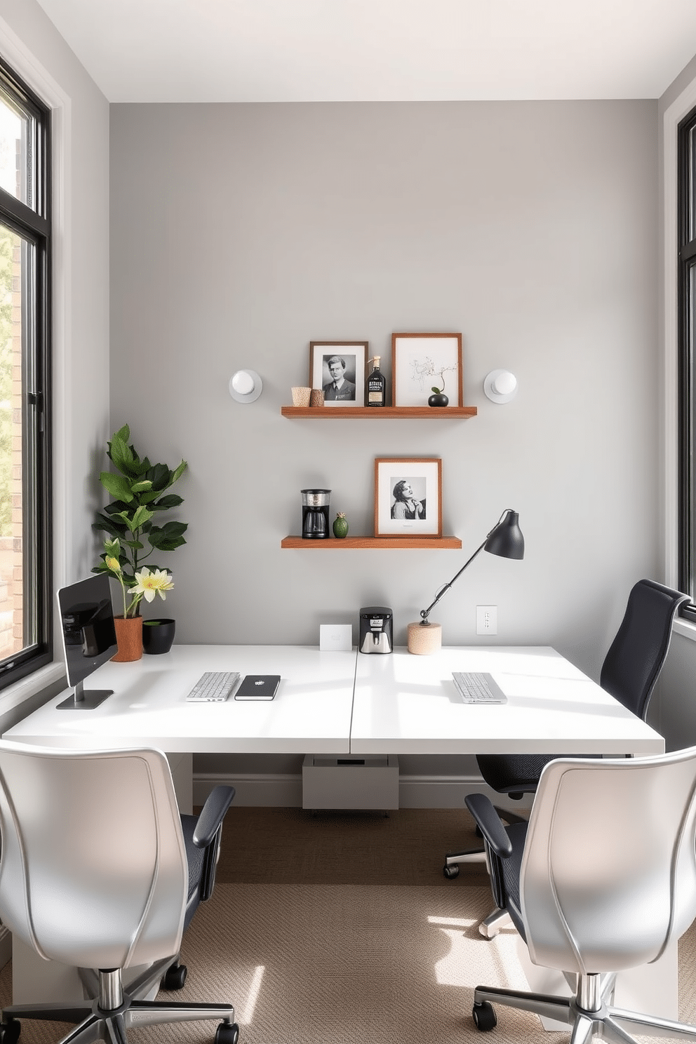 A stylish home office designed for two, featuring a shared workspace that balances functionality and aesthetics. Each side has a sleek desk with matching ergonomic chairs, complemented by personalized decor that reflects individual styles. Incorporate a small coffee station in the corner, complete with a compact espresso machine and a floating shelf for coffee mugs and supplies. The walls are painted in a calming light gray, with large windows allowing natural light to flood the space, enhancing productivity and comfort.