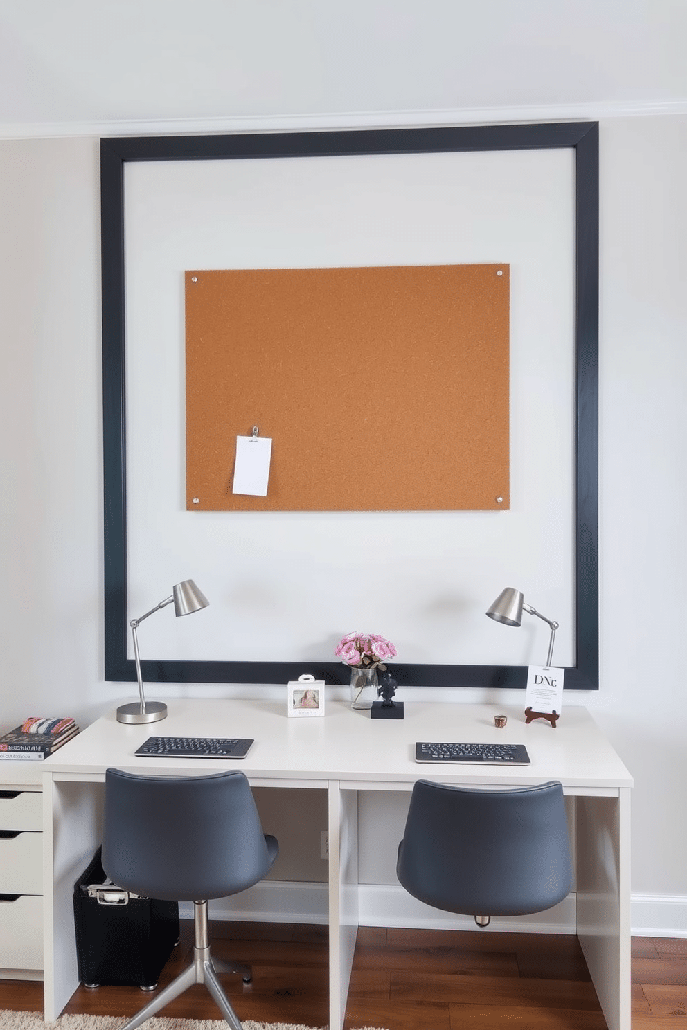 A functional corkboard is mounted on the wall, providing a space for shared ideas and inspiration. Below it, a sleek desk with dual workspaces is designed to cater to both partners, featuring stylish task lamps and organized storage solutions. The his and hers home office design incorporates a harmonious blend of personal styles, with one side featuring dark wood accents and the other showcasing light, airy elements. Each workspace is adorned with personalized decor, ensuring both functionality and individuality in the design.