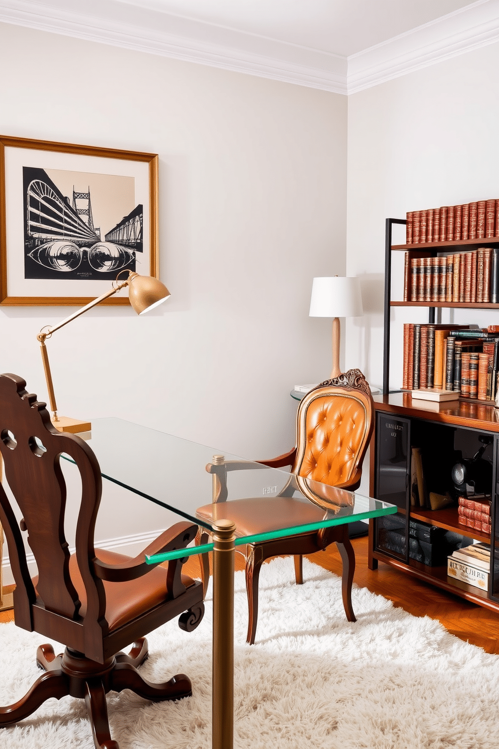 A stylish home office that blends modern and vintage decor styles. The space features a sleek glass desk paired with an ornate wooden chair, creating a harmonious balance between old and new. On one side, a vintage bookshelf filled with leather-bound books complements a contemporary art piece hanging above it. Soft, ambient lighting from a modern desk lamp illuminates the workspace, while a plush area rug adds warmth underfoot.