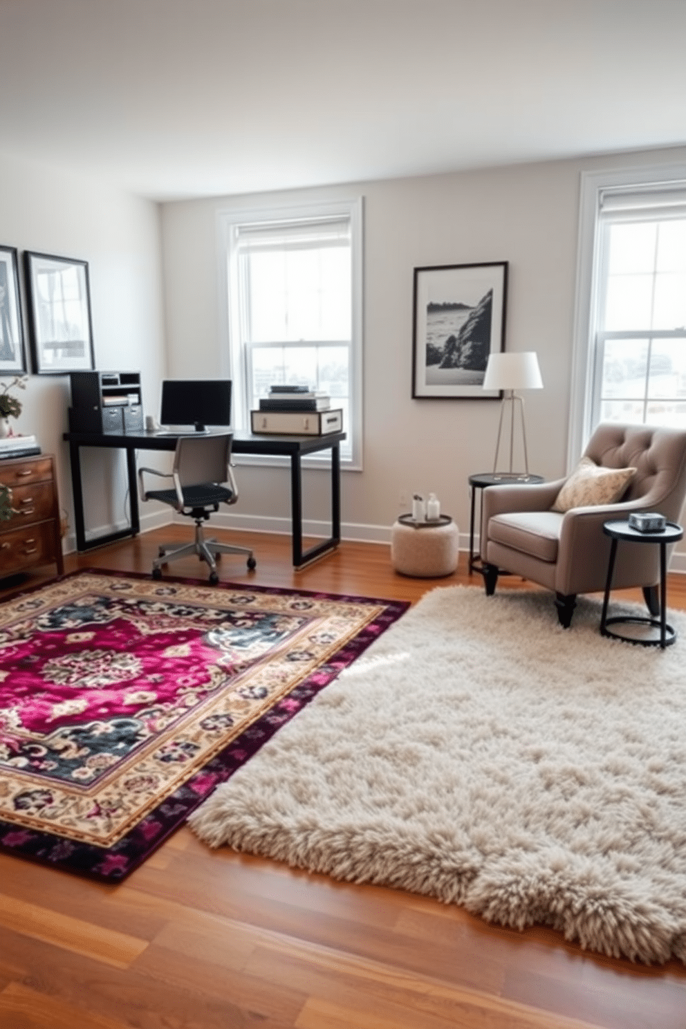 A stylish home office featuring two distinct workspaces, each defined by a luxurious area rug that complements the overall decor. The left side showcases a modern desk with a sleek chair, accented by a vibrant rug that adds warmth and character to the space. On the right, a cozy reading nook is created with a plush armchair and a small side table, anchored by a soft, textured rug that invites relaxation. The walls are adorned with inspiring artwork, while natural light floods the room through large windows, enhancing the inviting atmosphere.