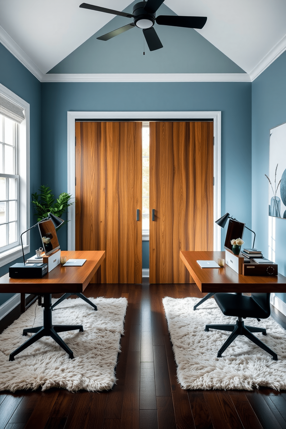 A stylish home office designed for two, featuring a shared workspace with elegant wooden desks positioned side by side. Each desk is adorned with modern accessories, and a large window allows natural light to flood the room, enhancing productivity. Incorporate a sleek sliding door that provides privacy when needed, seamlessly blending with the room's decor. The walls are painted in a calming blue hue, while plush area rugs add warmth underfoot, creating a comfortable yet professional atmosphere.