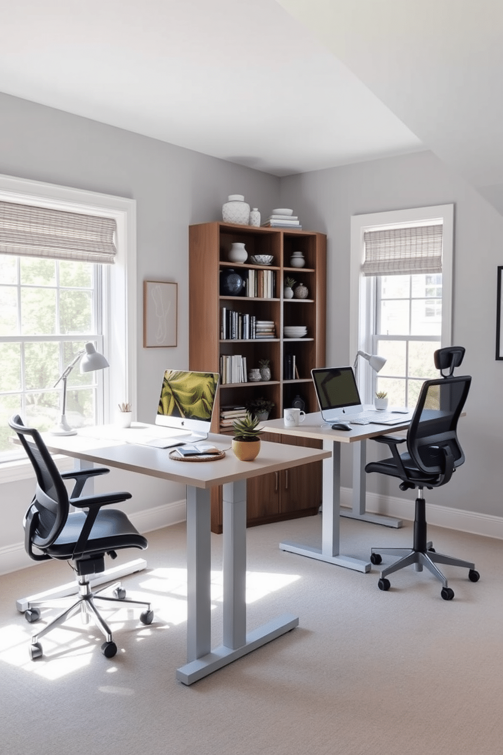 A modern home office featuring adjustable standing desks designed for comfort, positioned side by side. The space is filled with natural light from large windows, and the walls are painted in a calming light gray tone. Each desk is equipped with ergonomic chairs, sleek storage solutions, and personalized decor items that reflect individual styles. A shared bookshelf filled with books and decorative objects adds a touch of sophistication to the room.