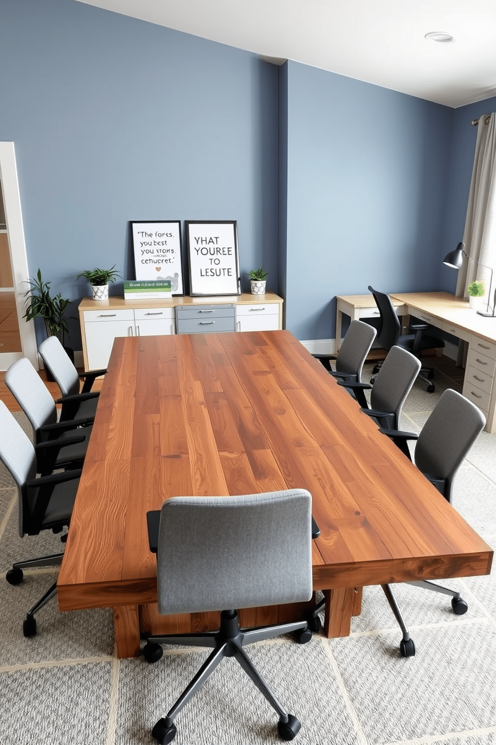 A large communal table dominates the center of the home office, crafted from reclaimed wood with a rustic finish. Surrounding the table are ergonomic chairs in soft gray upholstery, creating a collaborative yet comfortable workspace. On one side of the room, a sleek desk with a minimalist design features built-in storage and a stylish task lamp. The decor includes framed motivational quotes and plants that add a touch of greenery, while the color palette blends calming blues and warm neutrals for a harmonious atmosphere.