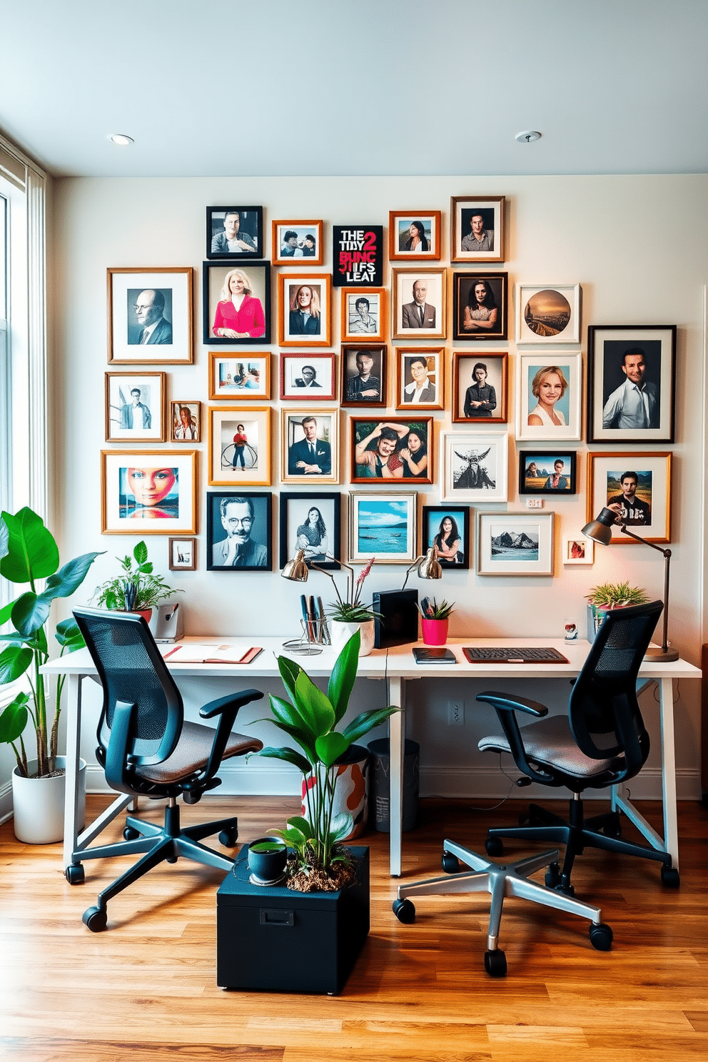 A stylish home office space featuring a gallery wall adorned with various framed artwork and personal photographs, creating an inspiring and motivating atmosphere. The desks are positioned side by side, each with unique decor elements that reflect individual personalities, complemented by ergonomic chairs and ample natural light from large windows. Incorporate a cohesive color scheme that blends soft neutrals with pops of bold color, creating a vibrant yet professional environment. The flooring is a warm wood finish, and decorative plants are strategically placed to enhance the overall aesthetic and promote a sense of calm.