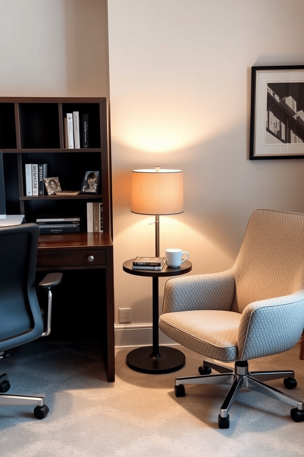 Cozy reading nook in office corner. A plush armchair upholstered in soft, textured fabric is positioned next to a small, round side table, topped with a stack of books and a steaming mug of tea. His and Hers Home Office Design Ideas. The workspace features two distinct desks, each tailored to personal style, with one adorned in dark wood and the other in a sleek white finish, complemented by stylish ergonomic chairs.