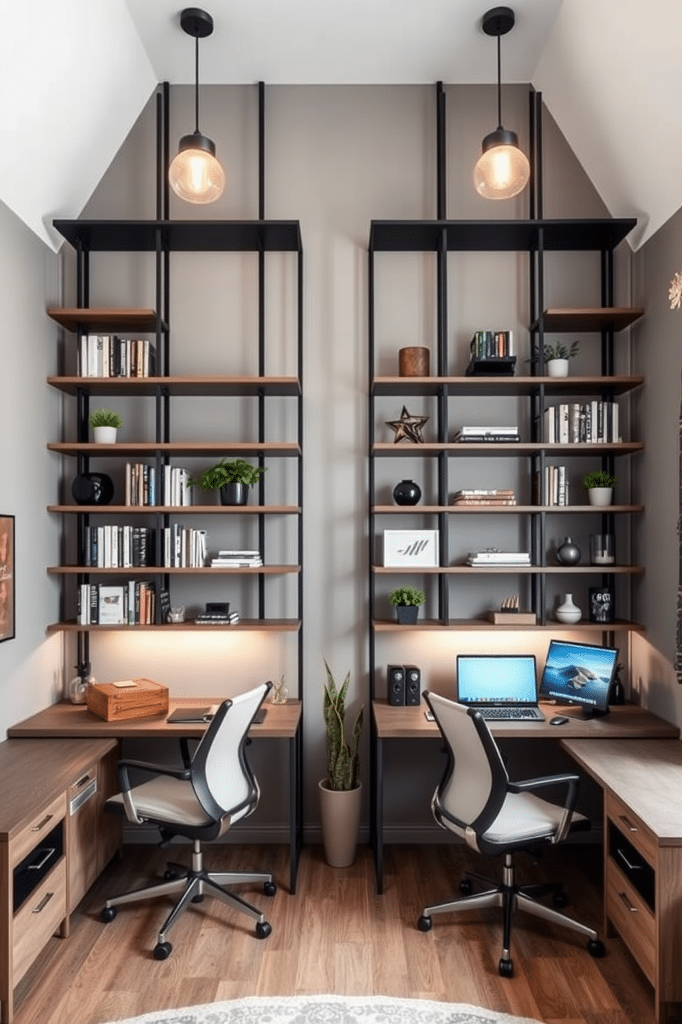 A modern home office designed for two, featuring tall shelving units that reach up to the ceiling, maximizing vertical space. Each side has a dedicated workspace with stylish desks, ergonomic chairs, and personalized decor reflecting the owners' tastes. The walls are painted in a soft gray, creating a calm atmosphere, while the shelving is filled with books, plants, and decorative items. Warm lighting fixtures hang above the desks, providing focused illumination for late-night work sessions.