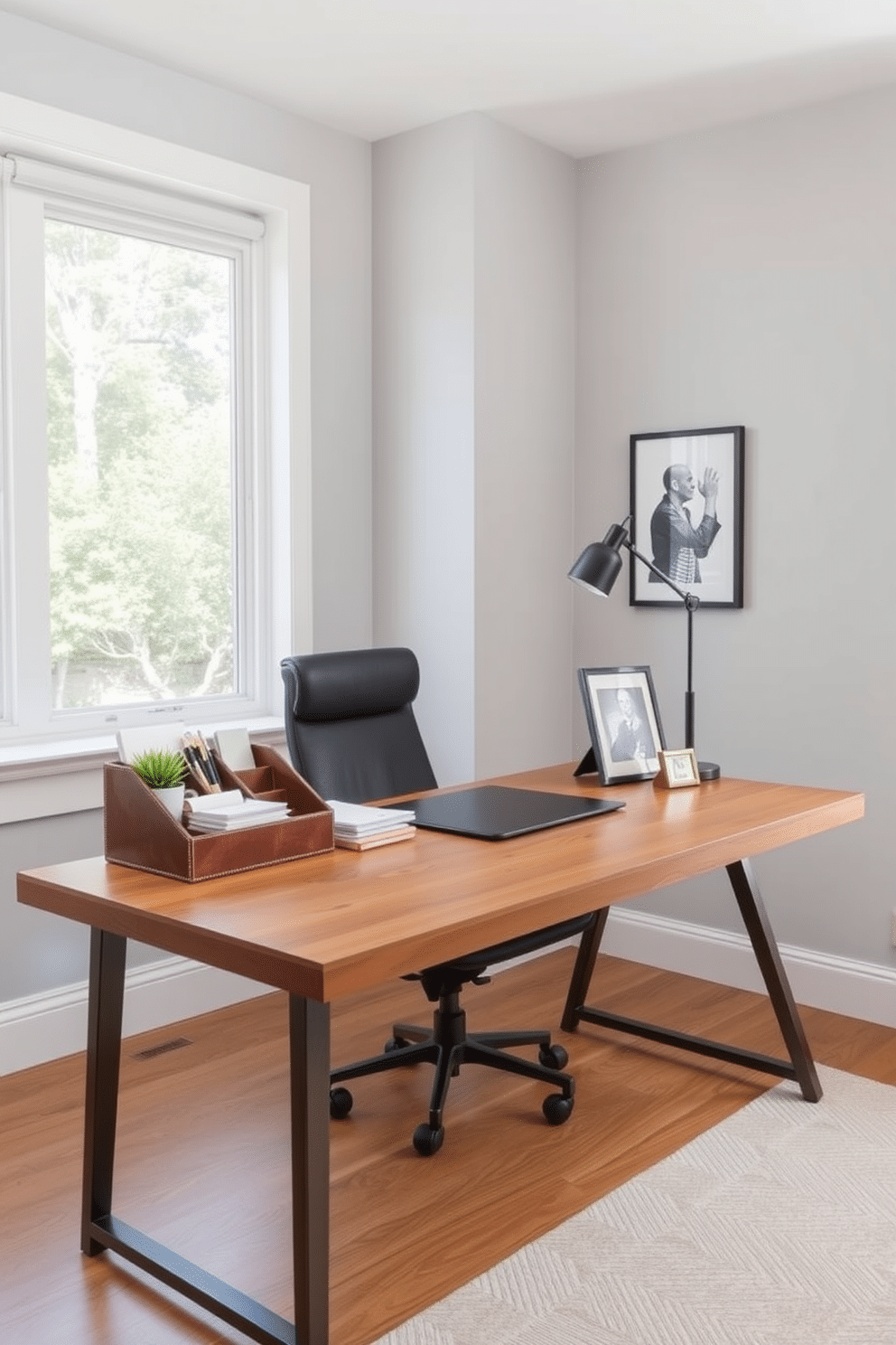 A stylish home office features matching desk organizers on either side of a sleek wooden desk. The organizers are made of leather and metal, providing a modern contrast to the warm wood tones of the desk. On one side, the organizer holds stationery, notebooks, and a small potted plant, while the other side features a stylish lamp and a framed photo. The walls are painted in a soft gray, and a large window allows natural light to fill the room, enhancing the productivity and aesthetic of the space.