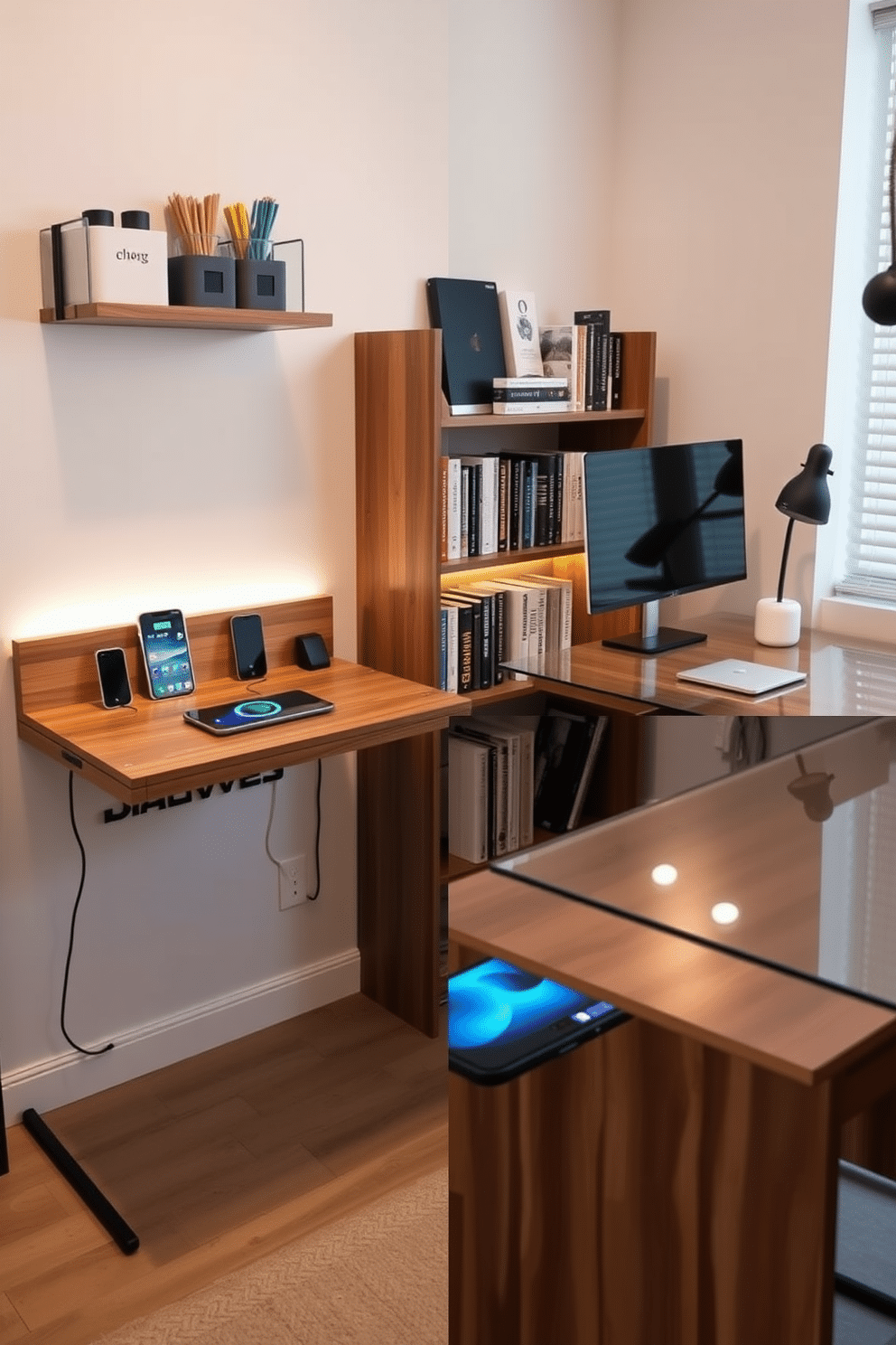 A sleek tech charging station is designed with a modern aesthetic, featuring a minimalist wooden desk equipped with multiple USB ports and wireless charging pads. Above the desk, a wall-mounted shelf holds stylish organizers for devices and accessories, while a soft LED strip provides ambient lighting. For the His and Hers home office, each side reflects personal style: one side boasts a contemporary design with a glass desk and geometric decor, while the other showcases a cozy, rustic feel with a reclaimed wood desk and warm lighting. A shared bookshelf in the center displays a mix of professional books and personal mementos, creating a harmonious workspace.