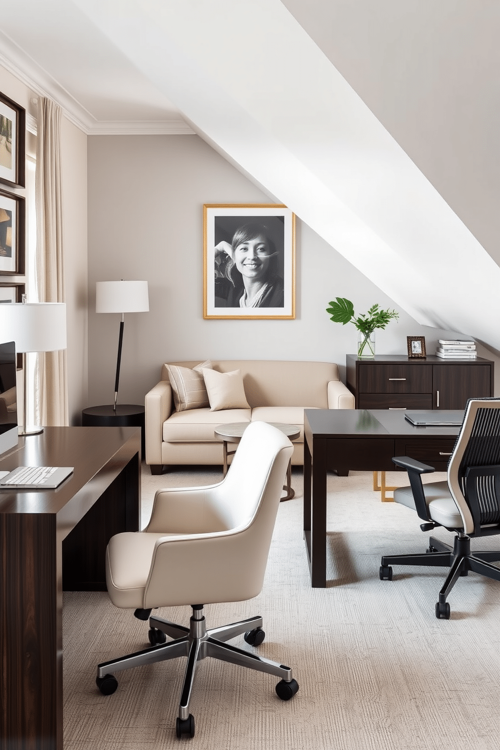 A stylish home office featuring a small, elegant sofa for relaxation, positioned against a wall adorned with framed artwork. The desks are designed for his and hers, with one featuring a sleek, dark wood finish and the other a light, airy design, complemented by matching ergonomic chairs for comfort.