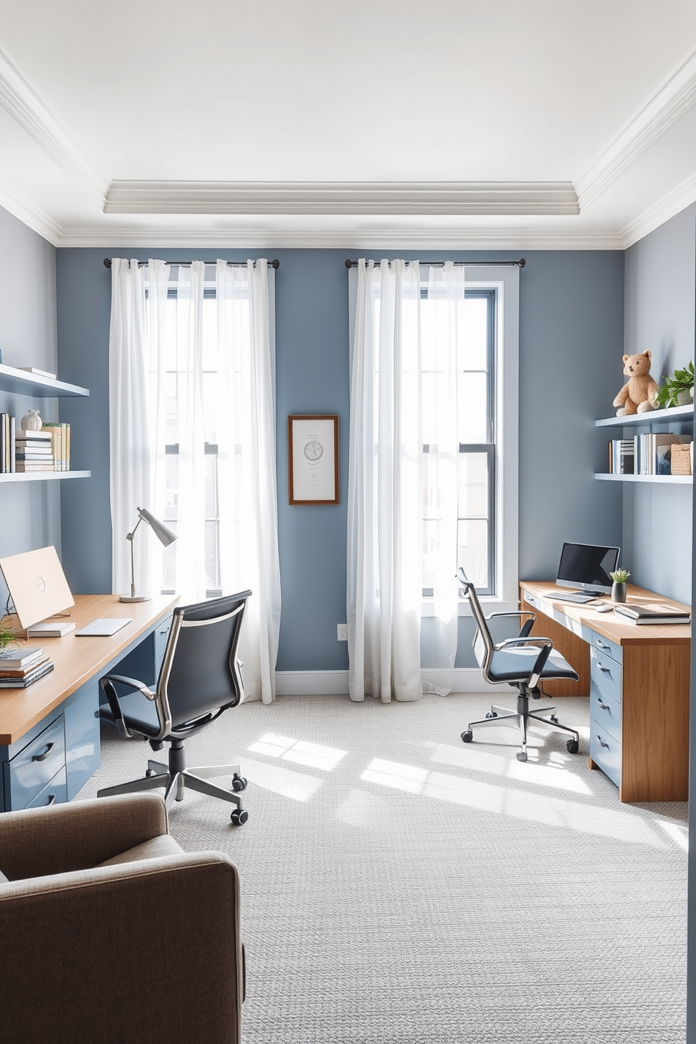 A stylish home office designed for both partners, featuring two distinct workstations that harmonize in design. The color scheme incorporates soft blues and warm grays, creating a calming yet productive environment. Each workstation is equipped with modern, ergonomic chairs and sleek desks made of light wood, while decorative shelves above display personal items and books. Natural light floods the space through large windows, framed by sheer white curtains that add an airy feel to the room.