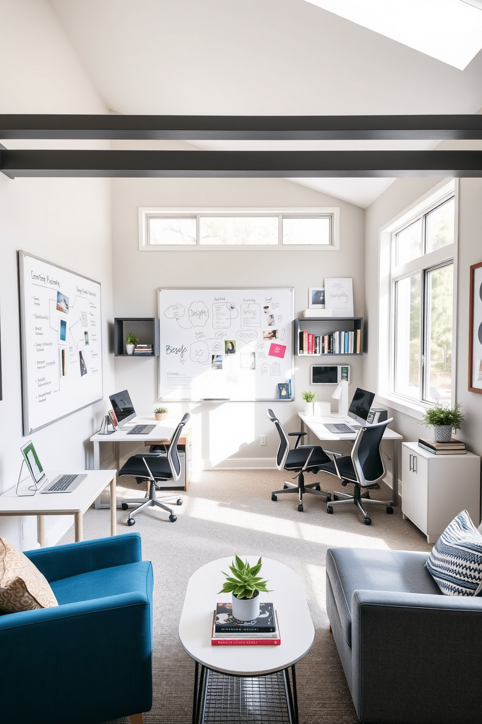 A stylish home office designed for collaboration, featuring a large whiteboard mounted on the wall for brainstorming sessions. The workspace includes two ergonomic desks, each tailored to the preferences of its user, with sleek storage solutions and personalized decor. Natural light floods the room through expansive windows, highlighting a neutral color palette accented with vibrant artwork. Comfortable seating options are placed strategically for casual discussions, creating an inviting atmosphere for productivity and creativity.