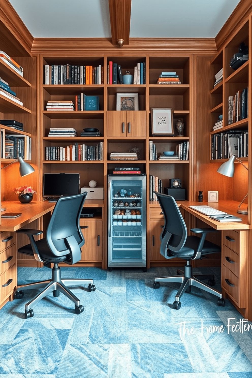 A stylish home office designed for two, featuring separate workstations that reflect personal styles. Each desk is equipped with ergonomic chairs, surrounded by shelves filled with books and decorative items, creating an inspiring environment. Incorporate a mini fridge for snacks, strategically placed between the desks for easy access. The color palette includes calming blues and warm woods, enhancing productivity while maintaining a cozy atmosphere.