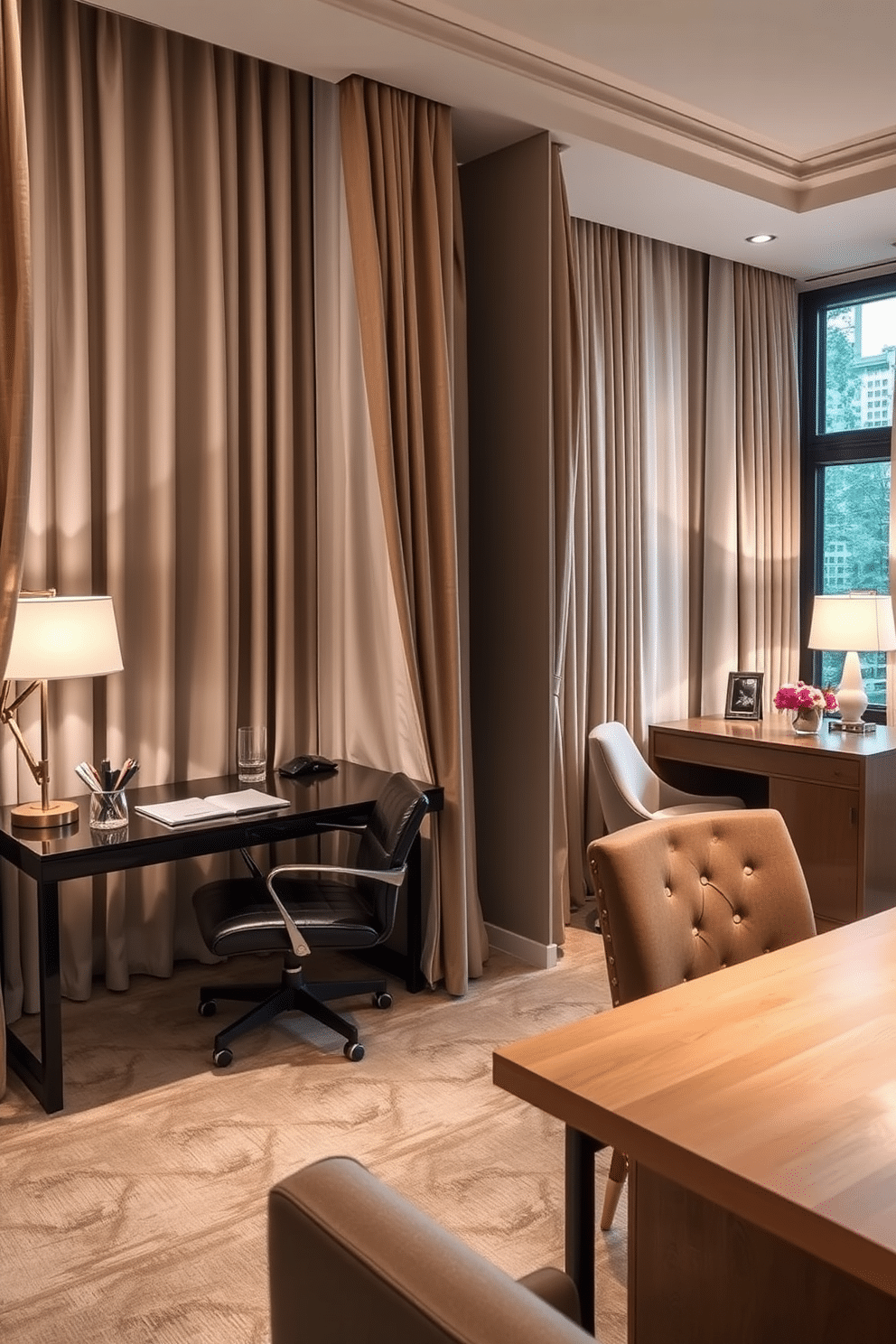 A stylish home office design featuring separate work areas divided by elegant curtains. The workspace for him includes a sleek black desk paired with a comfortable leather chair, while her area boasts a light wood desk and a chic upholstered chair, both illuminated by modern desk lamps.