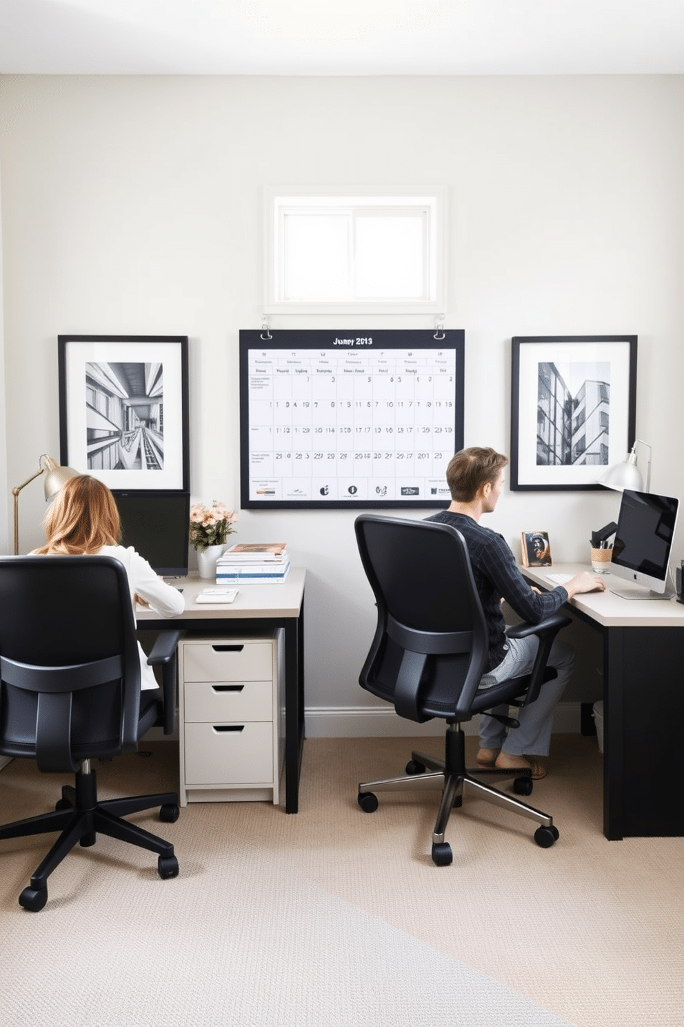 A stylish home office designed for both partners, featuring two distinct workspaces that reflect their individual styles. Each desk is positioned to maximize natural light, with ergonomic chairs and personalized decor elements that inspire productivity. The walls are painted in a calming neutral tone, adorned with framed artwork that resonates with both personalities. A shared calendar hangs prominently between the workspaces, ensuring seamless coordination of schedules and tasks.