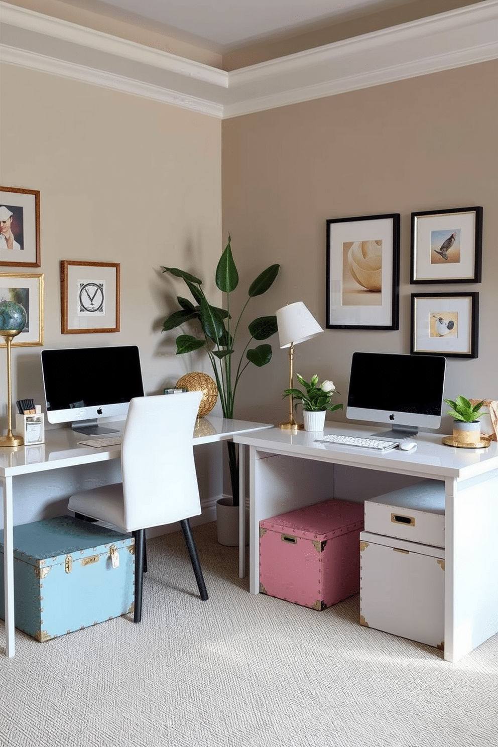 A stylish home office featuring two distinct workspaces, each designed for functionality and aesthetics. The desks are elegantly paired, with decorative boxes providing hidden storage beneath, keeping the space organized and clutter-free. The room is adorned with coordinating color schemes, incorporating soft neutrals and pops of color for an inviting atmosphere. Each workspace is personalized with unique decor elements, such as framed artwork and plants, enhancing creativity and comfort.