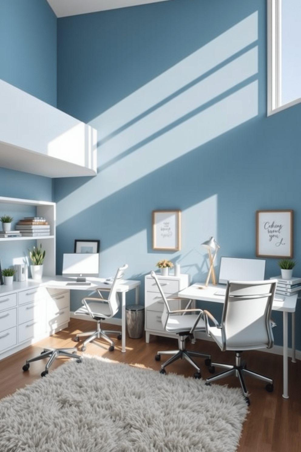 A stylish home office featuring dual workstations, each adorned with sleek, modern desks and matching ergonomic chairs. The walls are painted in a calming blue hue, complemented by natural light streaming through large windows, creating an inviting and productive atmosphere. Each workstation is equipped with organized shelves and decorative elements, such as potted plants and framed artwork, adding a personal touch. A plush area rug in neutral tones anchors the space, enhancing comfort and style while promoting a harmonious balance in the design.