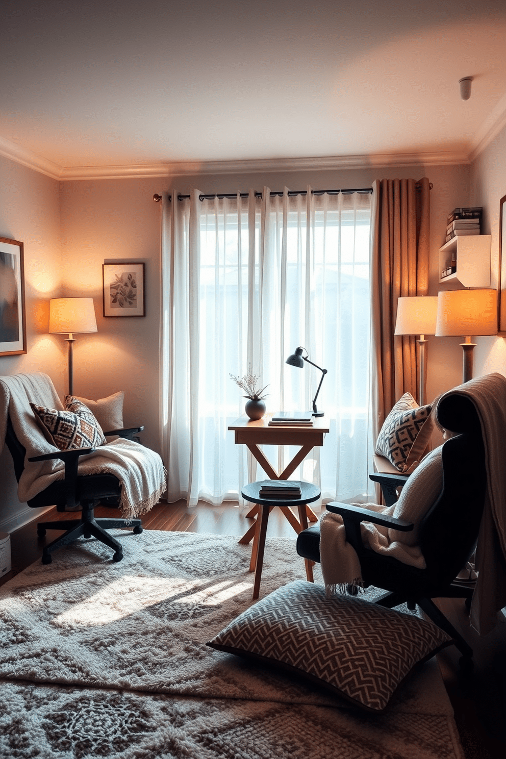 A cozy home office designed for two, featuring a harmonious blend of textiles and warm colors. Each workspace is defined by a plush area rug, soft throw blankets draped over ergonomic chairs, and a mix of patterned cushions that invite relaxation. The walls are adorned with calming artwork and shelves filled with books, while a shared wooden desk is positioned centrally, complemented by stylish lamps casting a warm glow. Natural light filters in through sheer curtains, enhancing the inviting ambiance of this collaborative workspace.