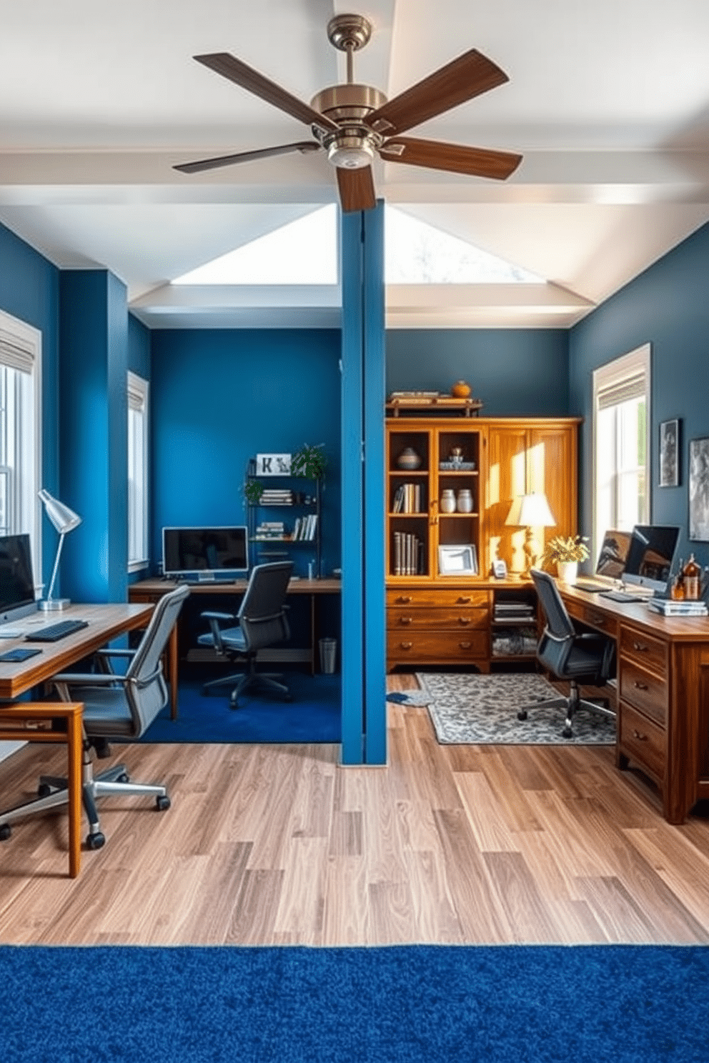 A stylish home office design that features distinct color-coded zones to reflect personal style. One side showcases a modern aesthetic with sleek furniture in shades of gray and blue, while the other embraces a warm, rustic charm with wooden accents and earthy tones. Each workspace is equipped with ergonomic chairs and personalized decor, creating a comfortable and inspiring environment. Natural light floods the room through large windows, enhancing the vibrant colors and making the space feel open and inviting.