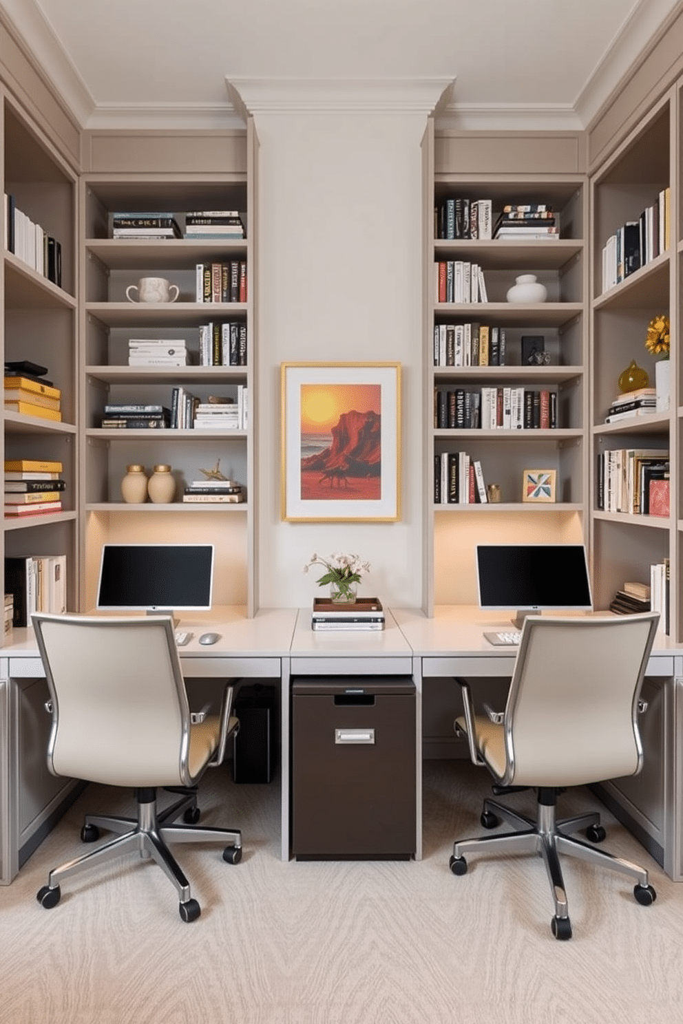 A stylish home office featuring shared storage solutions that enhance organization. The space includes dual desks with matching ergonomic chairs, flanked by built-in shelves filled with neatly arranged books and decorative items. Incorporate a sleek filing cabinet that seamlessly blends with the overall aesthetic, providing ample space for documents. The color palette consists of calming neutrals with pops of color from artwork and accessories, creating a productive yet inviting atmosphere.