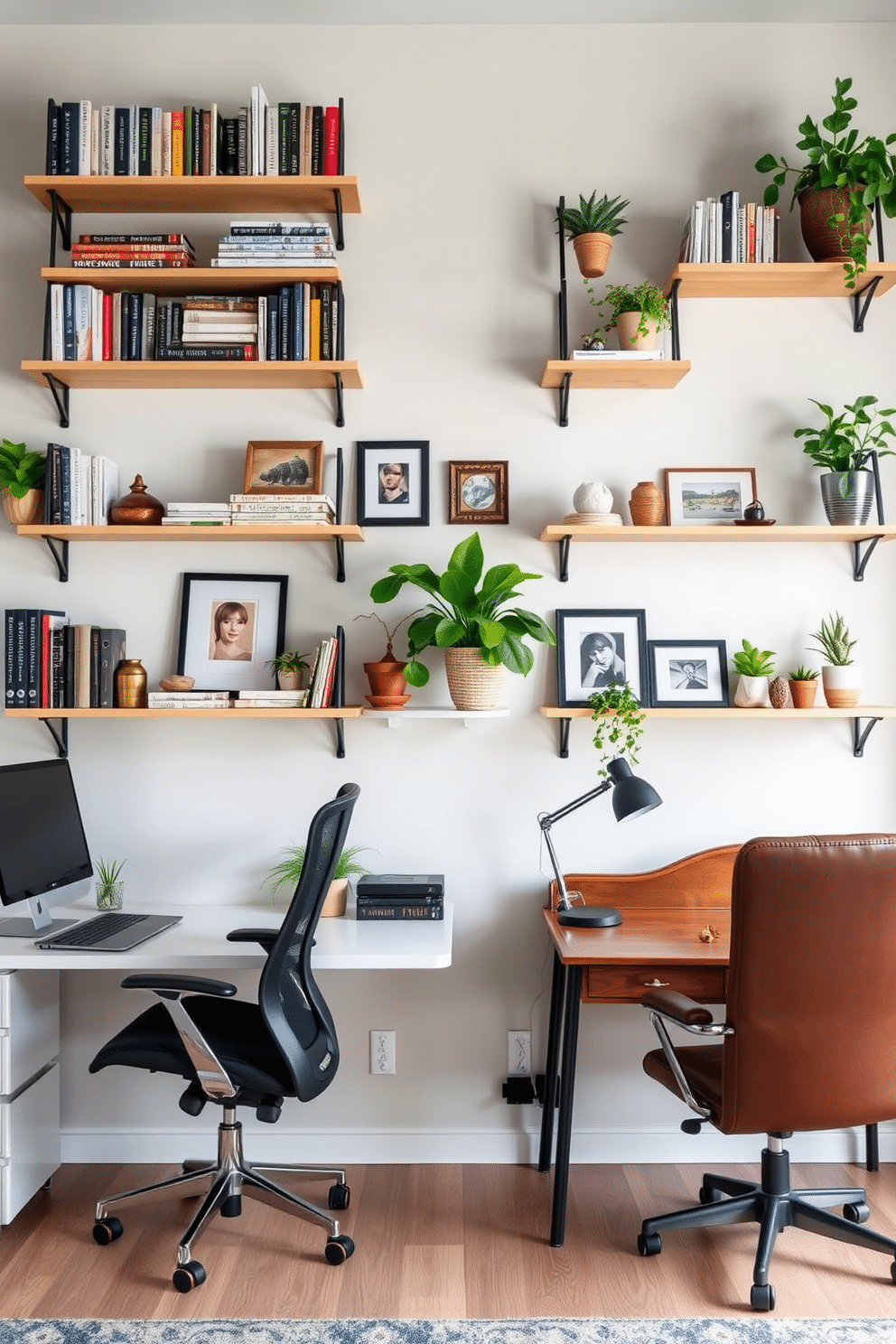 A modern home office featuring wall-mounted shelves that maximize vertical space. The shelves are filled with neatly organized books, stylish decor, and potted plants, creating a vibrant yet functional atmosphere. Incorporate two distinct workstations for a 