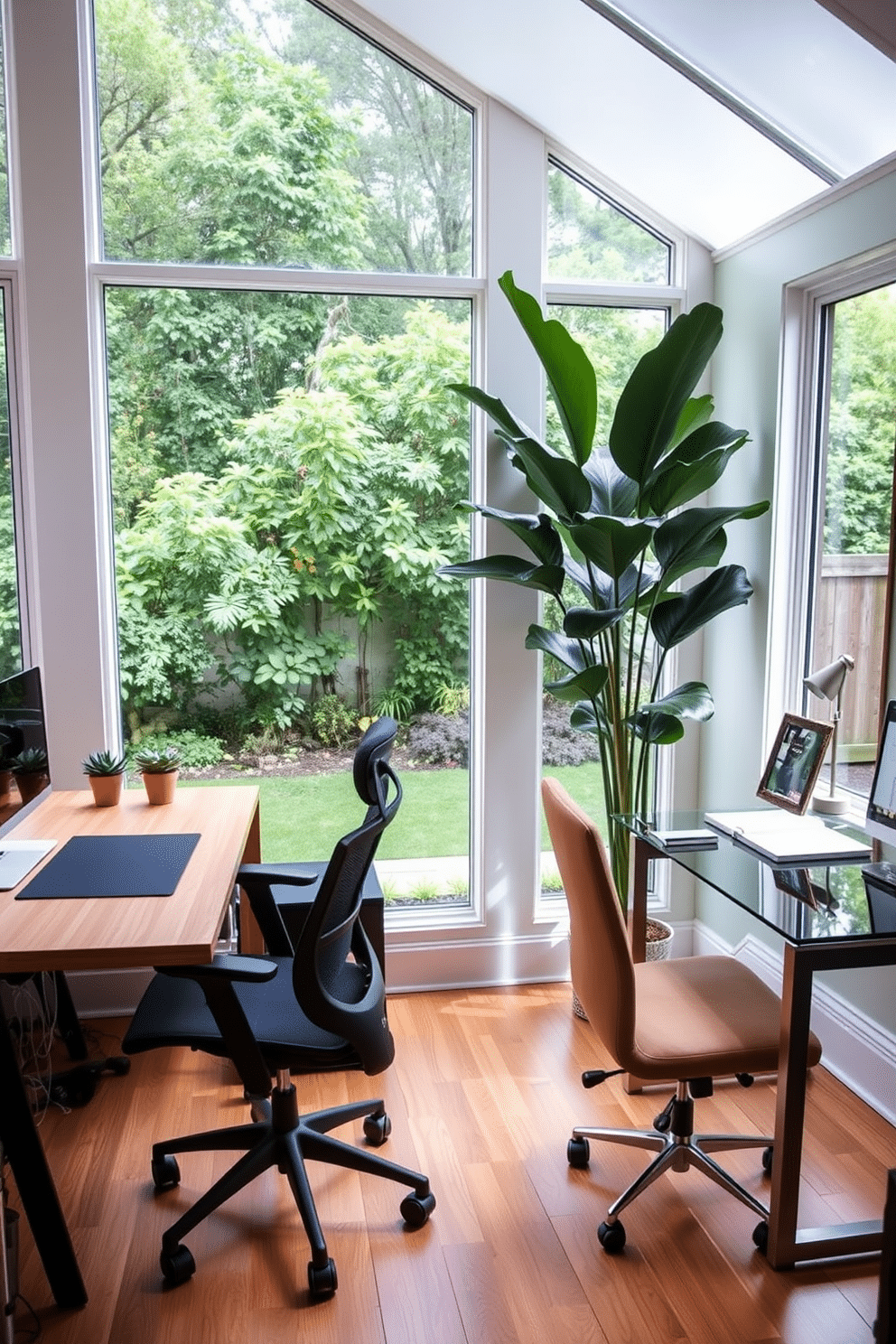 A stylish home office featuring two distinct workspaces, each designed for comfort and productivity. The room is filled with natural light, thanks to large windows that overlook a lush garden. On one side, a sleek wooden desk is paired with an ergonomic chair, adorned with potted succulents that add a fresh touch. On the opposite side, a modern glass desk complements a cozy reading nook, where a tall leafy plant creates an inviting atmosphere.