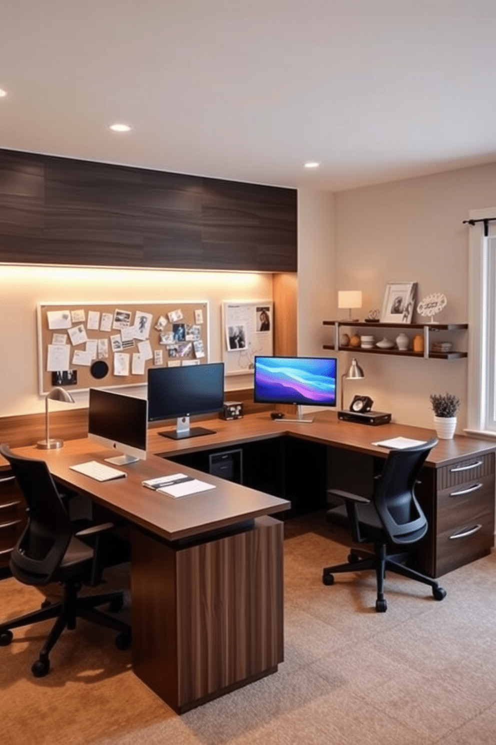 An L-shaped desk designed for collaborative work features a sleek, modern finish with ample surface area for multiple monitors and paperwork. The space is enhanced by ergonomic chairs, a shared pinboard for brainstorming, and warm, ambient lighting to foster creativity and productivity. The His and Hers home office design incorporates two distinct yet complementary workspaces, each reflecting personal style and functionality. One side showcases a masculine design with dark wood accents and industrial elements, while the other embraces a softer, more feminine aesthetic with pastel colors and decorative touches.