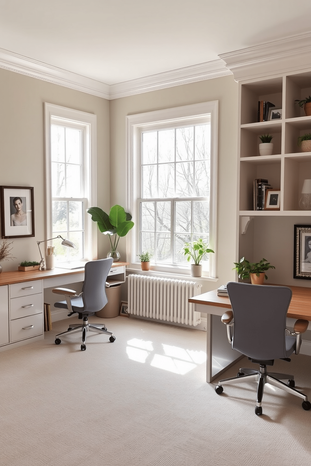 A serene home office design featuring two distinct workspaces that reflect individual styles while maintaining a cohesive look. Each desk is crafted from light wood, with ergonomic chairs in soft gray upholstery, positioned to maximize natural light from large windows. The walls are painted in a soft beige, creating a calming atmosphere, while shelving units in white provide ample storage without cluttering the space. Decorative elements include potted plants and framed artwork that add personality, ensuring both areas feel inviting and functional.