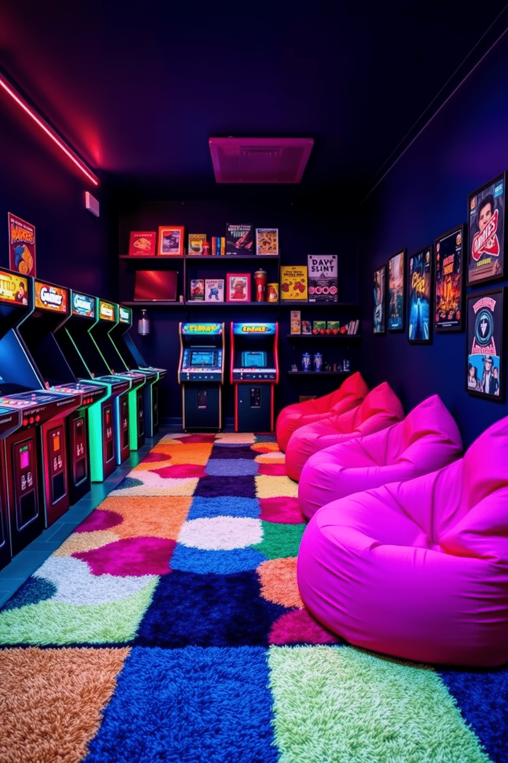 A vibrant retro arcade game setup features an array of classic arcade machines lined against a wall, each adorned with colorful neon lights that glow in the dimly lit room. A plush, multicolored rug covers the floor, while bean bag chairs in bold hues provide comfortable seating for gamers. The walls are painted in a deep navy blue, creating a striking contrast with the bright neon accents. Shelves filled with vintage game memorabilia and posters of iconic games add a nostalgic touch to the home game room.