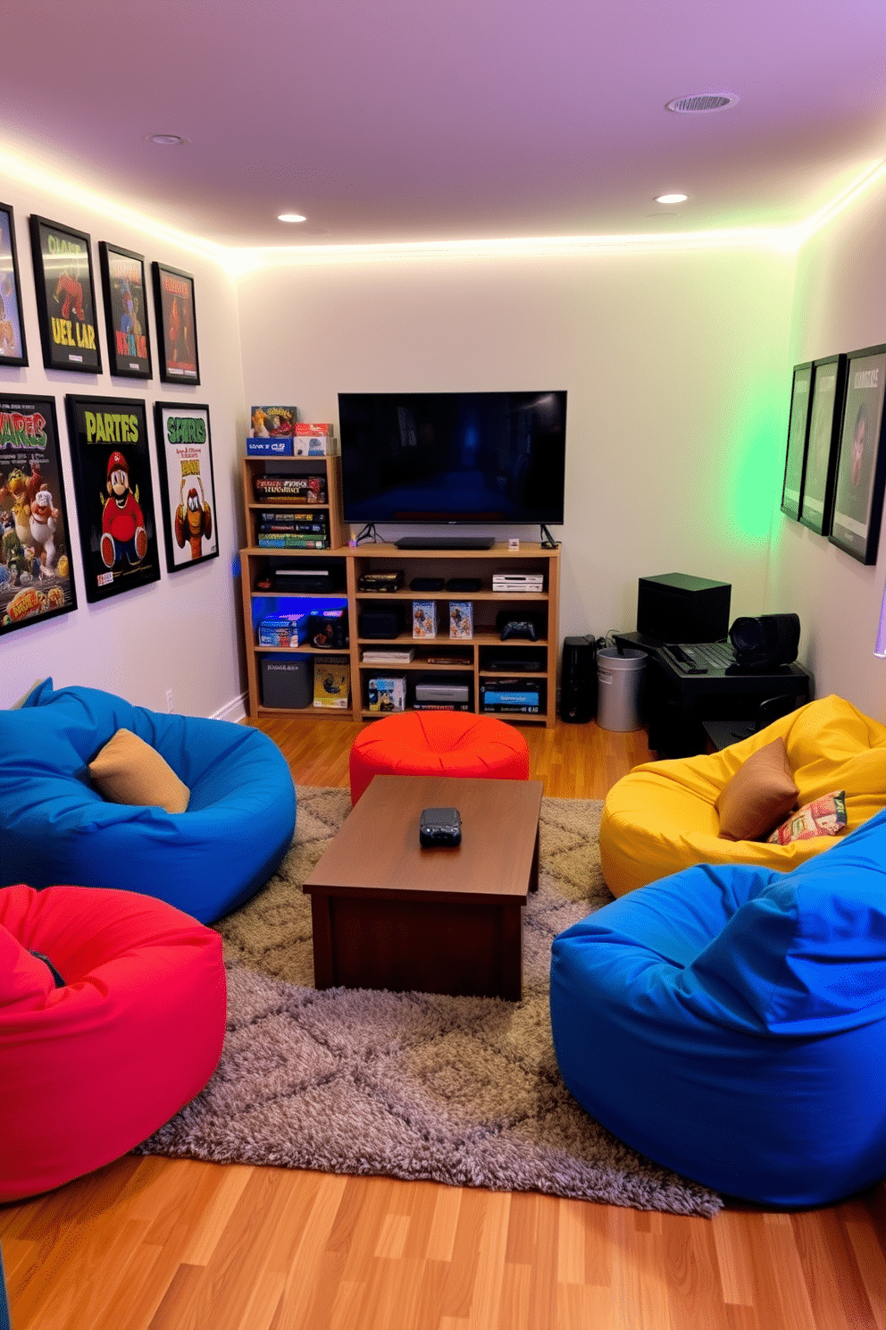 A cozy game room featuring comfortable bean bags in vibrant colors scattered around a low coffee table. The walls are adorned with framed posters of classic video games, and soft ambient lighting creates a relaxed atmosphere. In one corner, a large flat-screen TV is mounted on the wall, surrounded by shelves filled with board games and gaming consoles. A plush rug anchors the seating area, inviting friends and family to gather for casual gaming sessions.