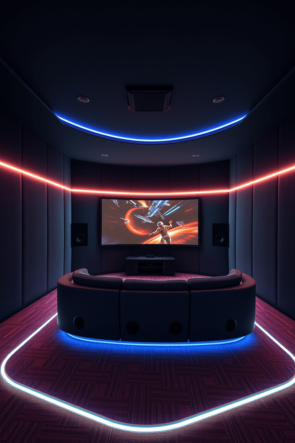 A cutting-edge home game room designed for an immersive gaming experience. The walls are lined with soundproof panels in dark acoustic fabric, creating a cocoon-like atmosphere ideal for uninterrupted gameplay. In the center of the room, a large sectional sofa with built-in speakers faces a massive curved screen, enhancing the cinematic experience. Ambient LED lighting in customizable colors runs along the perimeter, adding to the high-tech vibe while providing a comfortable gaming environment.