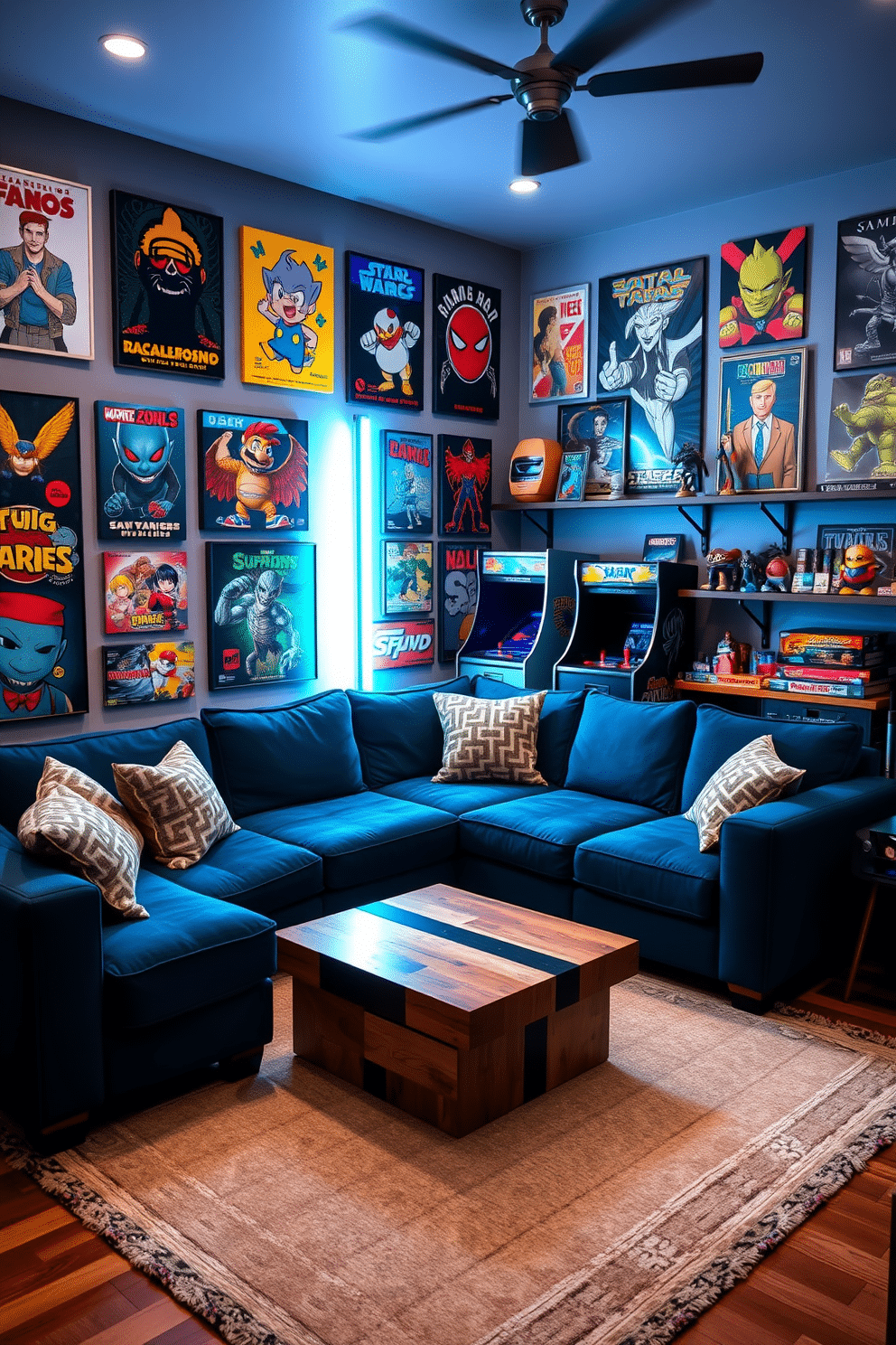 A vibrant home game room filled with game-themed artwork and posters adorning the walls. The space features a large sectional sofa in a deep blue fabric, complemented by a sleek coffee table made of reclaimed wood. In one corner, a custom-built arcade cabinet stands proudly, surrounded by neon lights that create an energetic atmosphere. A plush area rug with a geometric pattern anchors the seating area, while shelves showcase collectible figurines and board games.