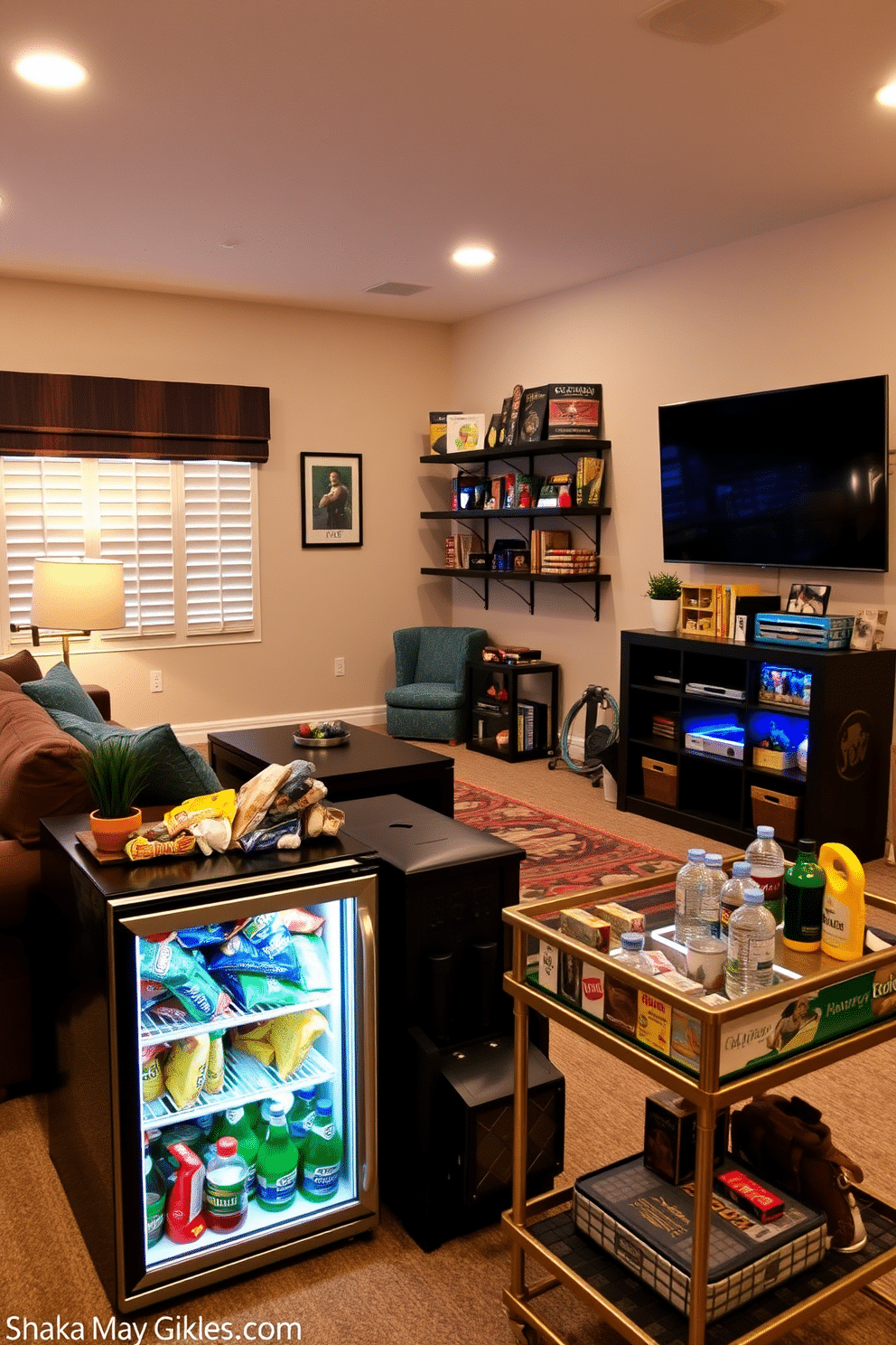 A cozy home game room featuring a mini fridge stocked with an assortment of snacks and drinks. The room is adorned with comfortable seating, a large flat-screen TV, and vibrant game-themed decor that creates an inviting atmosphere for friends and family. The mini fridge is positioned conveniently near a stylish bar cart, making it easy to grab refreshments during game nights. Soft ambient lighting enhances the playful vibe, while wall-mounted shelves display board games and collectibles, adding a personal touch to the space.