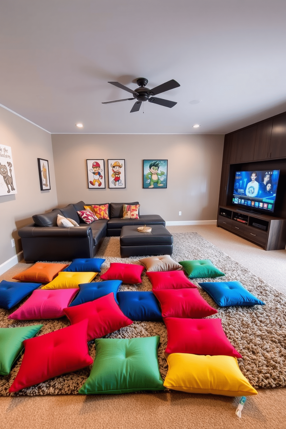 A cozy game room featuring an array of colorful floor cushions scattered across a plush, textured rug. The walls are adorned with playful artwork, and a large sectional sofa faces a sleek entertainment unit equipped with the latest gaming technology.