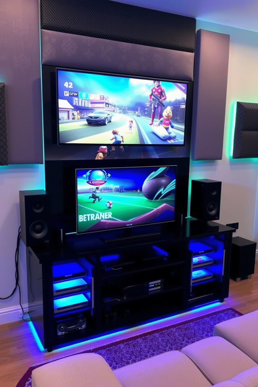 A modern gaming console station featuring a sleek black entertainment unit with built-in shelves for game storage. Organized cables run neatly behind the unit, ensuring a clean and clutter-free look. The room is adorned with vibrant LED lighting that enhances the gaming atmosphere, while a plush sectional sofa offers comfortable seating for friends. A large wall-mounted screen displays the latest games, framed by soundproofing panels in a stylish pattern.