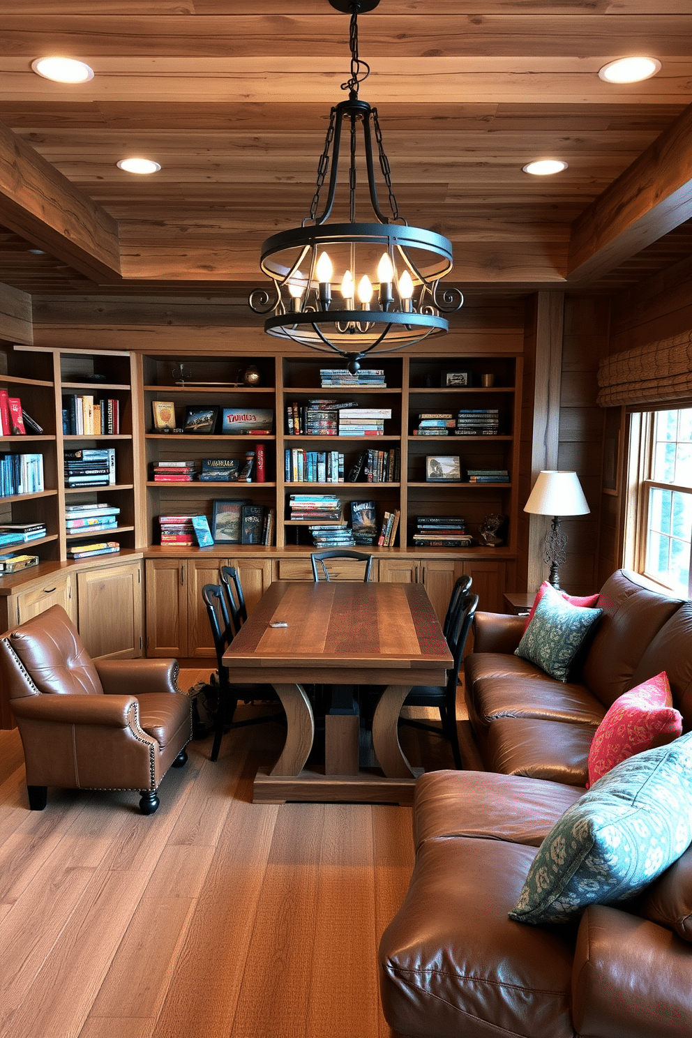 A cozy game room featuring rustic wood accents that create a warm and inviting atmosphere. The space includes a large wooden table surrounded by comfortable leather chairs, with shelves made of reclaimed wood displaying board games and books. In one corner, a plush sectional sofa is adorned with colorful throw pillows, perfect for lounging during game nights. A vintage-style chandelier made of wrought iron hangs from the ceiling, adding character to the room while providing soft lighting.