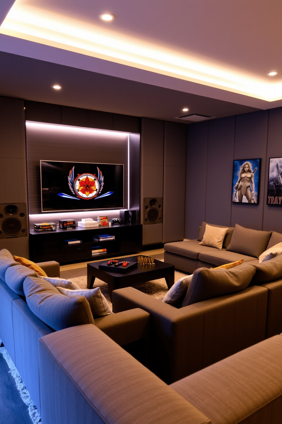 A modern home game room featuring an integrated sound system for an immersive surround sound experience. The room is equipped with a large flat-screen TV, comfortable sectional seating arranged for optimal viewing, and sound-absorbing wall panels in a sleek gray finish. The decor includes vibrant artwork and gaming memorabilia, creating an energetic atmosphere. Soft LED lighting accents the shelves filled with board games and consoles, while a plush area rug adds warmth to the space.