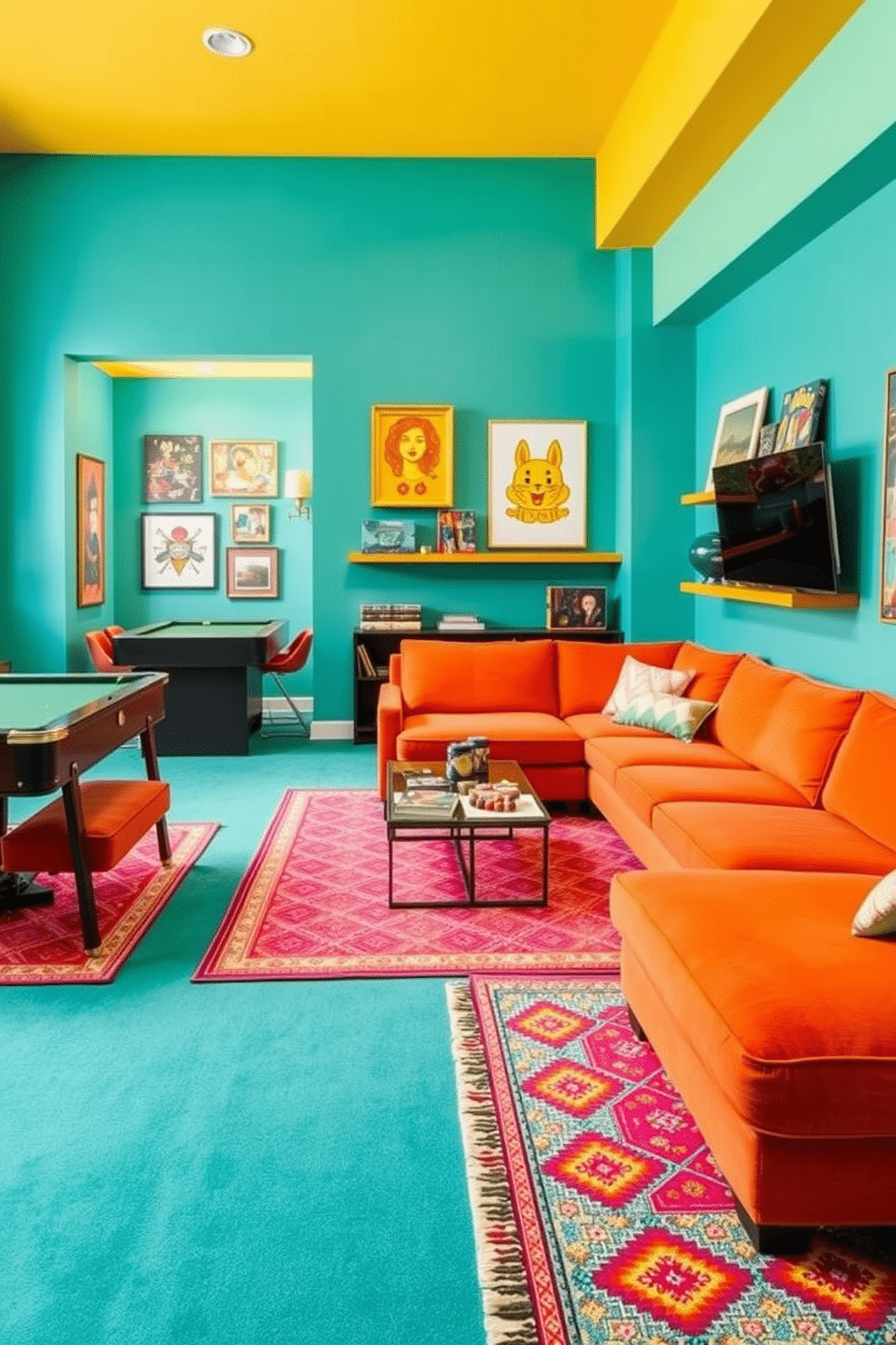 A vibrant game room filled with bright colors that energize the space. The walls are painted in a lively turquoise, complemented by bold yellow accents on the furniture and decor. A plush sectional sofa in a cheerful orange invites guests to relax and enjoy. Brightly patterned area rugs define the gaming zones, while wall-mounted shelves display colorful board games and art pieces.