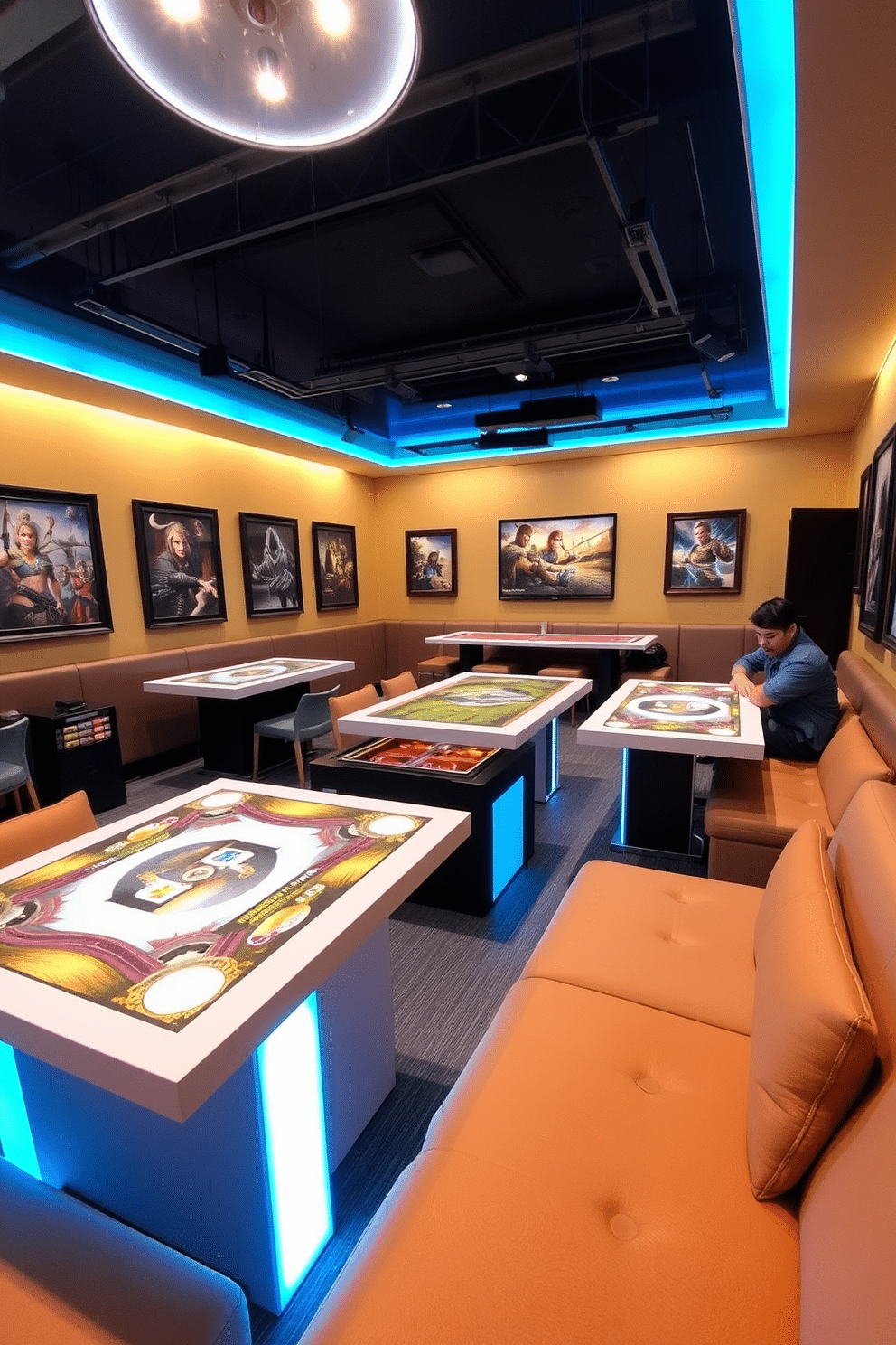 A vibrant tabletop gaming area featuring custom-built tables designed for various games. The space is illuminated by soft LED lighting, creating an inviting atmosphere for both casual and competitive play. The walls are adorned with framed artwork depicting iconic game scenes, adding personality to the room. Plush seating surrounds the tables, ensuring comfort during long gaming sessions, while a dedicated storage area holds game boxes and accessories neatly.