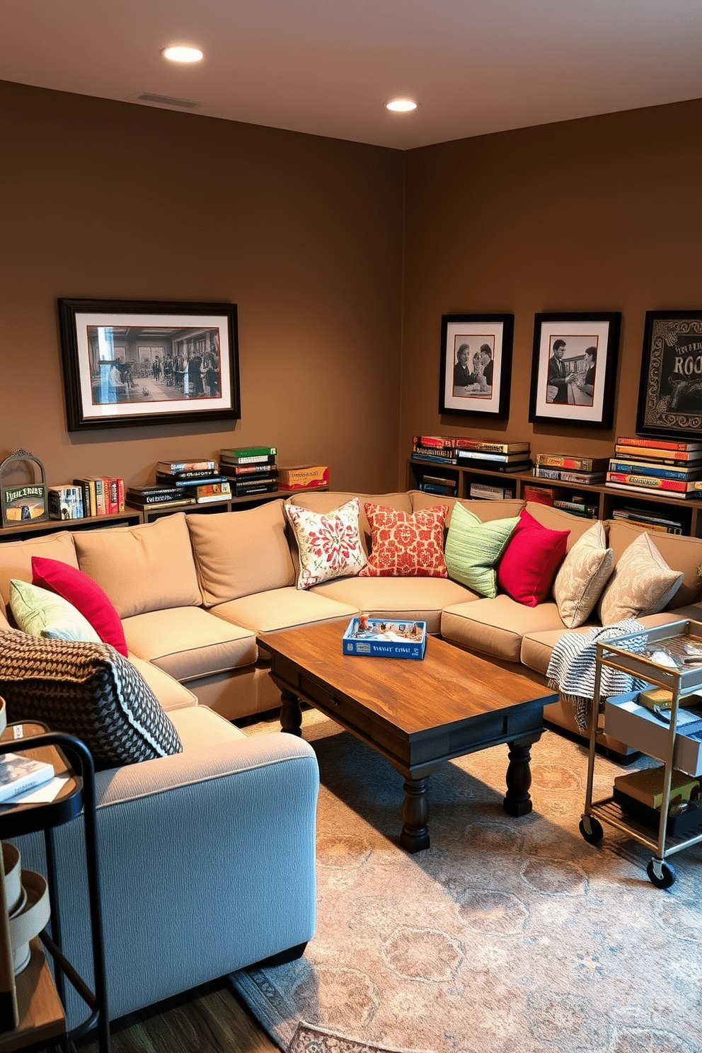 A cozy corner designed for board game nights features a plush sectional sofa adorned with colorful throw pillows, creating an inviting atmosphere. A rustic wooden coffee table sits at the center, surrounded by a variety of board games neatly stacked on shelves nearby, with soft ambient lighting casting a warm glow over the space. The walls are painted in a warm taupe hue, accented by framed artwork depicting classic game scenes. A vintage rug adds texture underfoot, while a small bar cart in the corner offers snacks and drinks, making this game room the perfect retreat for family and friends.