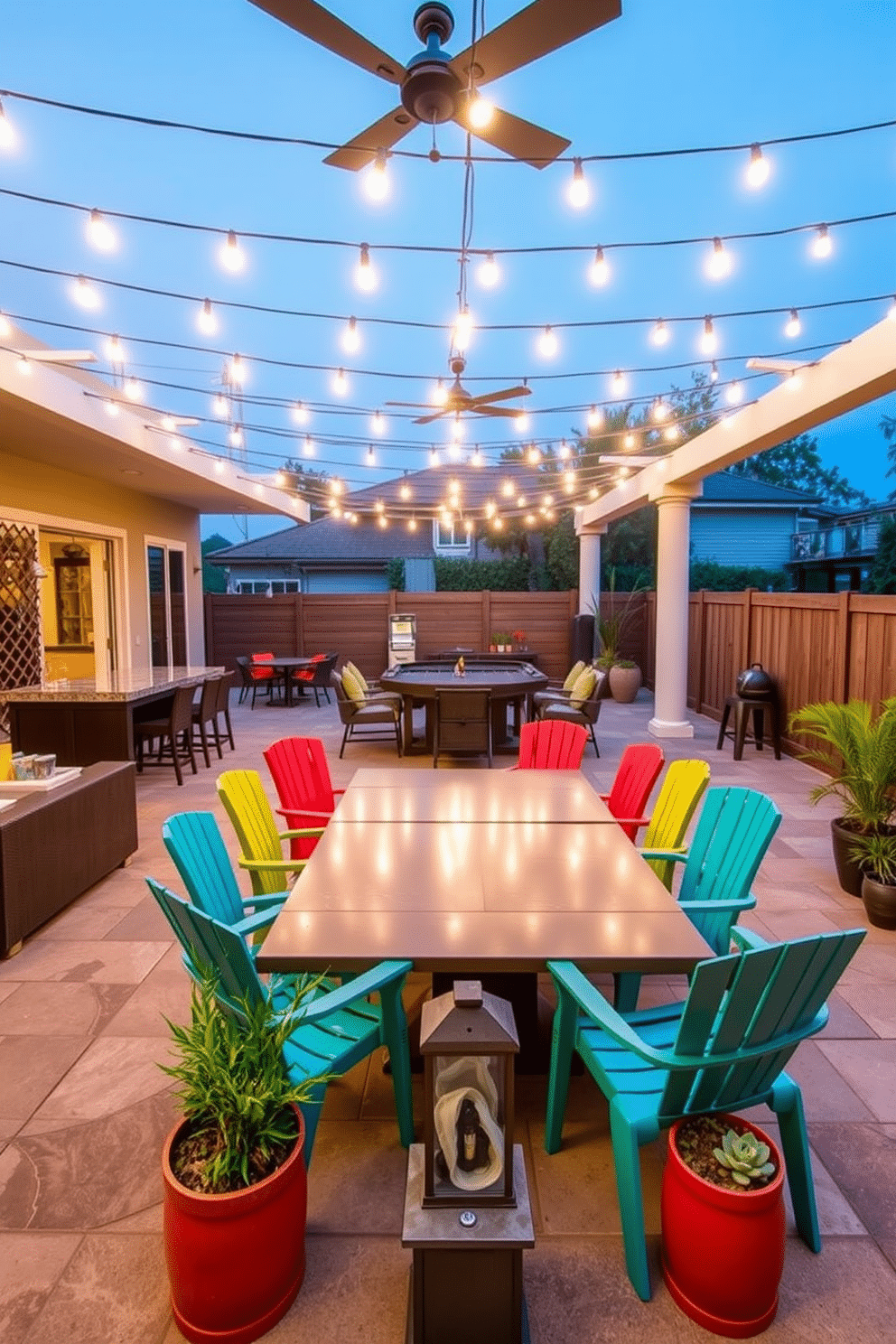 A stylish outdoor game room features a spacious patio setup with comfortable lounge seating and a sleek outdoor bar. The area is adorned with string lights overhead, creating a warm ambiance for evening gatherings. In the center, a large, weather-resistant table is surrounded by colorful chairs, perfect for games and socializing. Potted plants and decorative lanterns add a touch of greenery and charm to the inviting space.