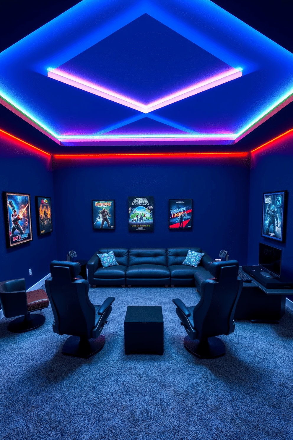 A modern game room featuring smart lighting that can be controlled by a gaming console, creating an immersive atmosphere for gaming sessions. The walls are painted in a deep navy blue, adorned with framed posters of classic video games, and the floor is covered with a plush gray carpet. In the center, a large sectional sofa offers ample seating, surrounded by sleek gaming chairs that provide comfort during long play sessions. LED strip lights accentuate the edges of the ceiling, changing colors to match the mood of the game being played.