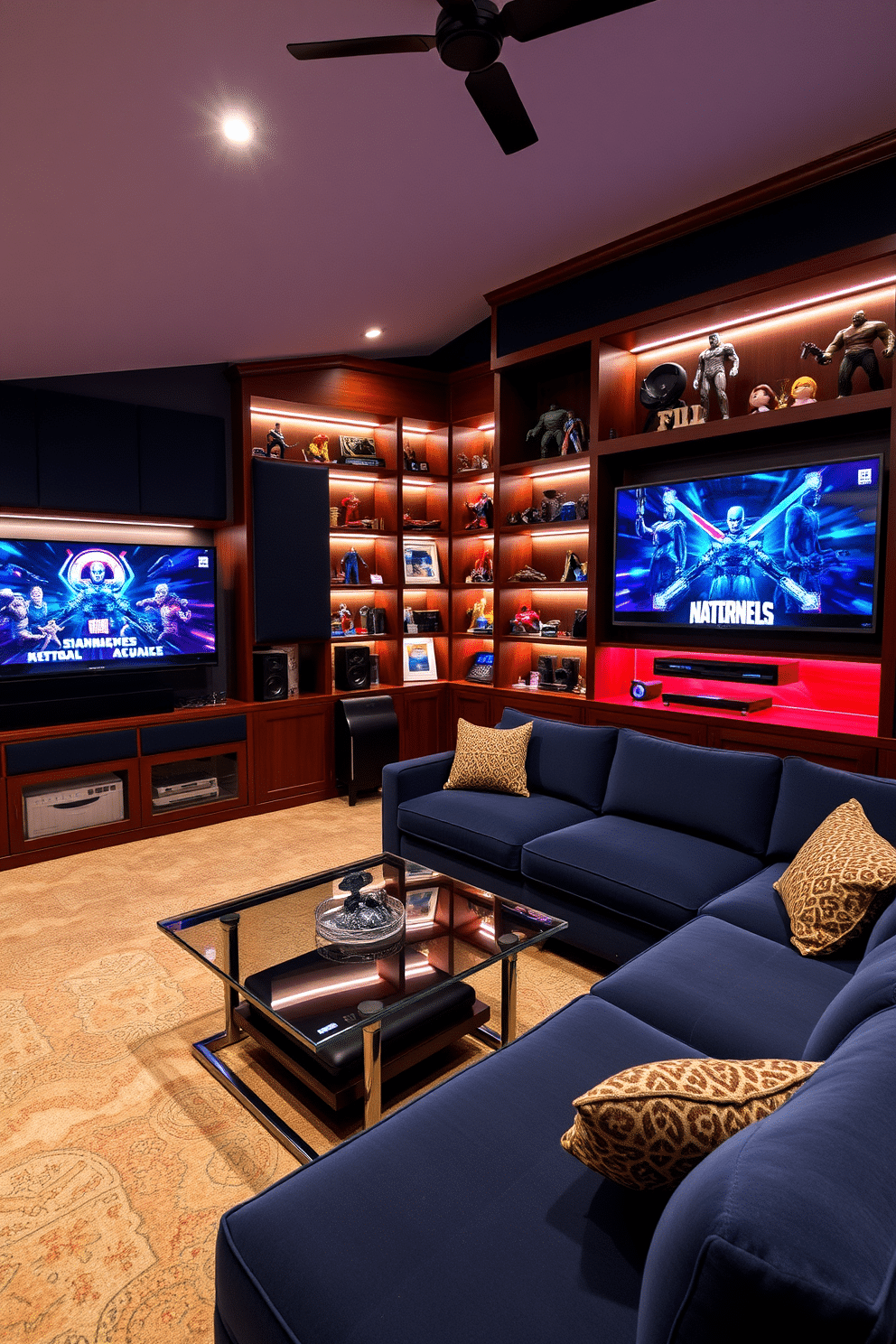 A cozy home game room featuring custom-built shelves designed specifically for displaying collectibles. The shelves are crafted from rich mahogany wood, showcasing a variety of action figures and memorabilia, illuminated by soft LED strip lighting. The room includes a plush sectional sofa in a deep navy fabric, positioned around a sleek coffee table made of glass and metal. A large wall-mounted screen displays a vibrant gaming setup, with acoustic panels on the walls to enhance sound quality.