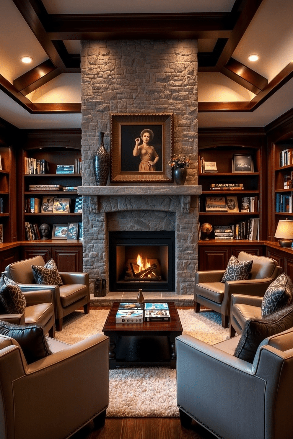 A stylish game room featuring a cozy fireplace as the focal point. The fireplace is surrounded by a stone mantel, with comfortable seating arranged in a semi-circle to encourage conversation and relaxation. Rich wooden shelves line the walls, filled with board games and books for entertainment. Soft, ambient lighting creates a warm atmosphere, while a plush area rug adds comfort underfoot.