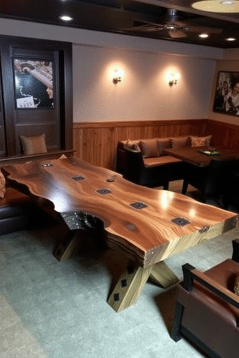 Artisan-crafted game tables made from reclaimed wood, featuring intricate detailing and unique finishes that highlight their craftsmanship. The game room is designed with a cozy atmosphere, adorned with plush seating and ambient lighting to create an inviting space for friends and family gatherings.