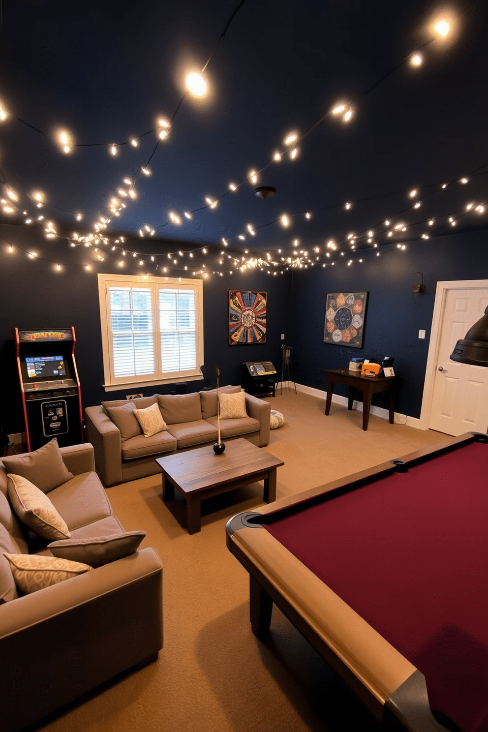 A cozy game room filled with charm, adorned with mood-setting fairy lights strung across the ceiling. The space features a plush sectional sofa in a warm gray tone, complemented by a rustic wooden coffee table at the center. In one corner, a vintage arcade machine adds a playful touch, while a sleek pool table invites friendly competition. The walls are painted in a deep navy blue, creating a perfect backdrop for the soft glow of the fairy lights, enhancing the inviting atmosphere.