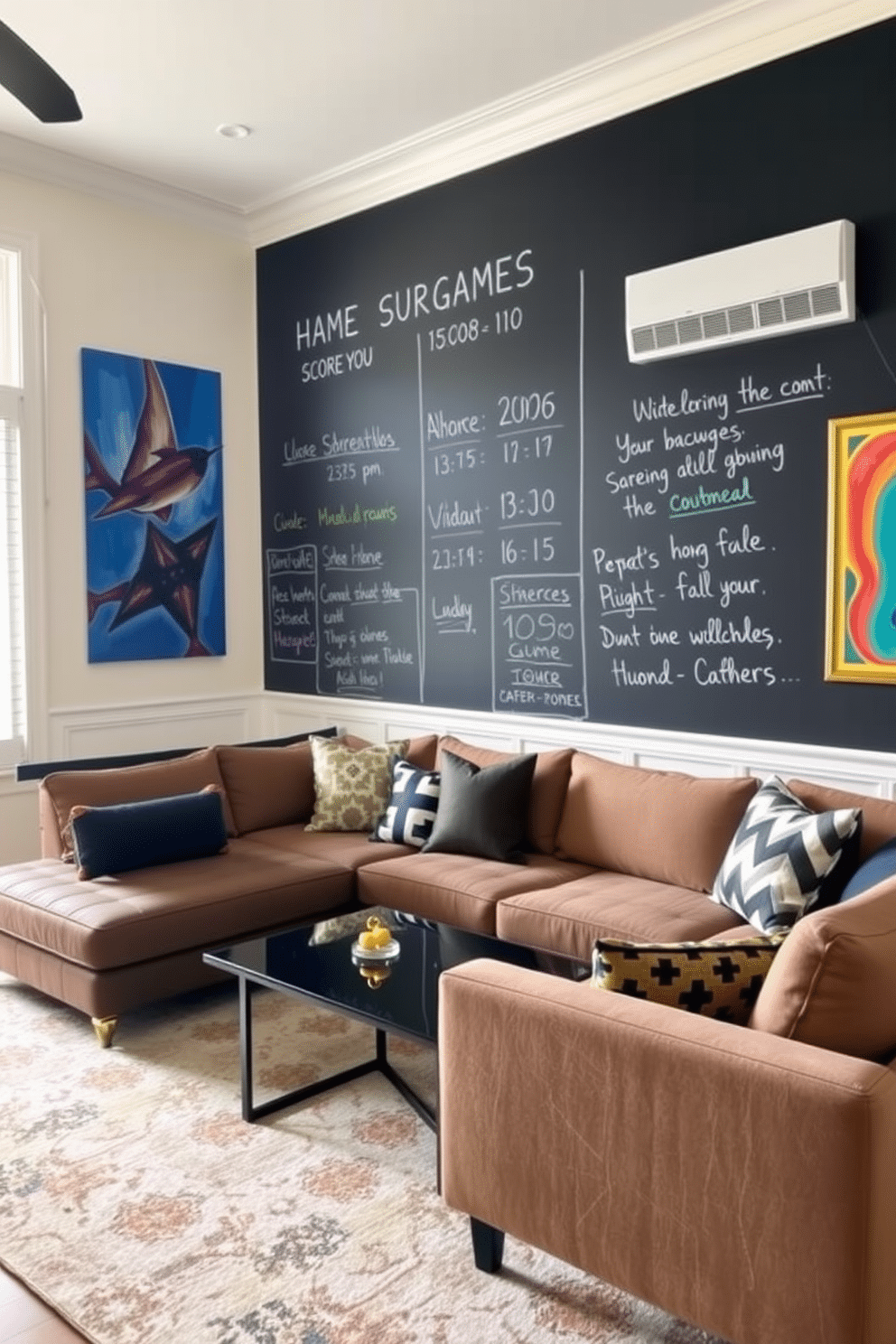 A stylish home game room featuring a chalkboard wall dedicated to game scores and notes, creating a fun and interactive atmosphere. The room includes a comfortable sectional sofa, a sleek coffee table, and vibrant wall art to enhance the playful vibe.