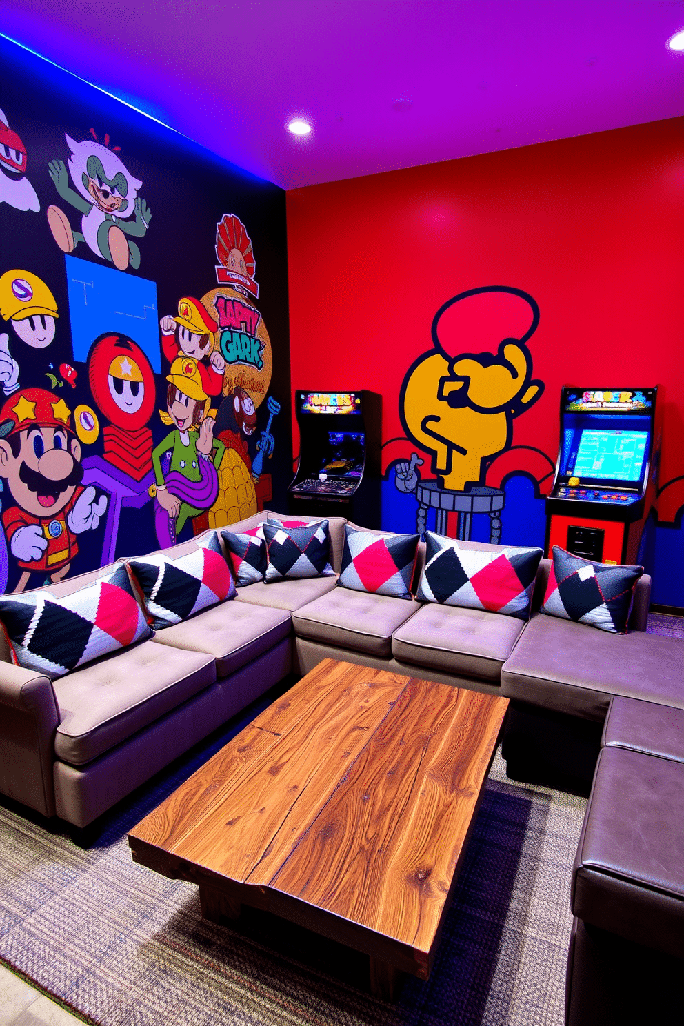 A vibrant home game room inspired by retro arcade games. The walls are adorned with colorful murals of classic game characters, and a vintage arcade cabinet stands proudly in one corner. In the center, a plush sectional sofa with bold, geometric patterns invites relaxation, while a sleek coffee table made from reclaimed wood adds a rustic touch. Ambient LED lighting casts a soft glow, enhancing the playful atmosphere of this gaming oasis.