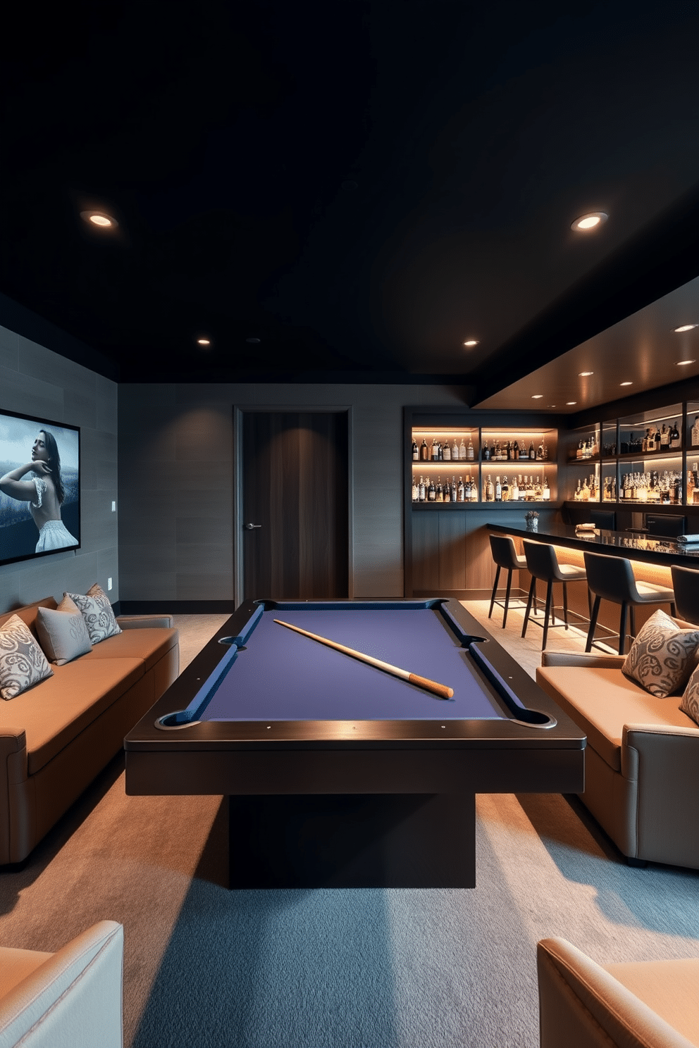 A modern game room featuring a sleek pool table at its center, surrounded by plush seating and ambient lighting. Adjacent to the pool table, a stylish bar area boasts high stools, a polished countertop, and an array of premium spirits displayed on elegant shelves.